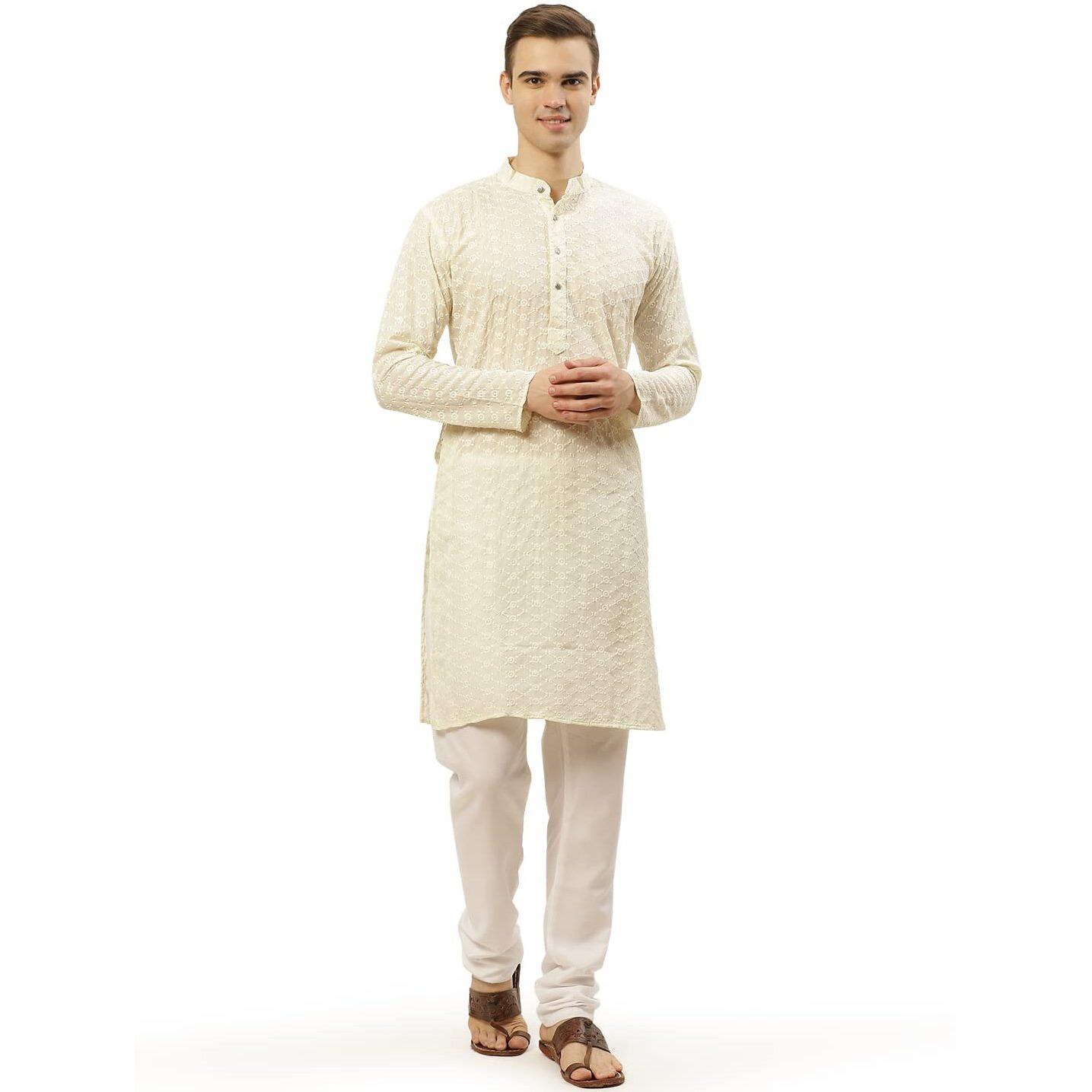 Jompers Men's Cream Embroidered Straight Kurta Pyjama Set. (Cream, M)