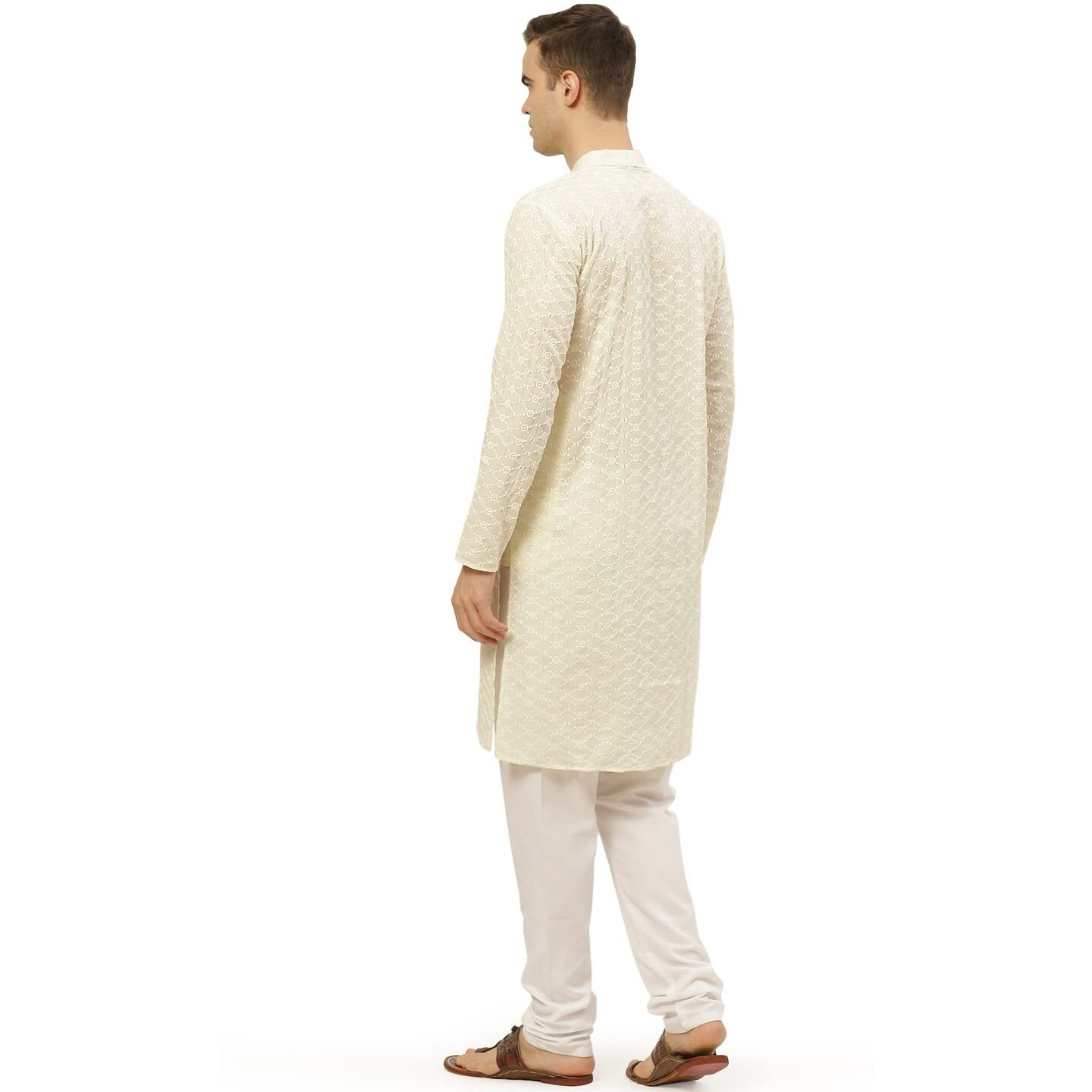 Jompers Men's Cream Embroidered Straight Kurta Pyjama Set. (Cream, M)