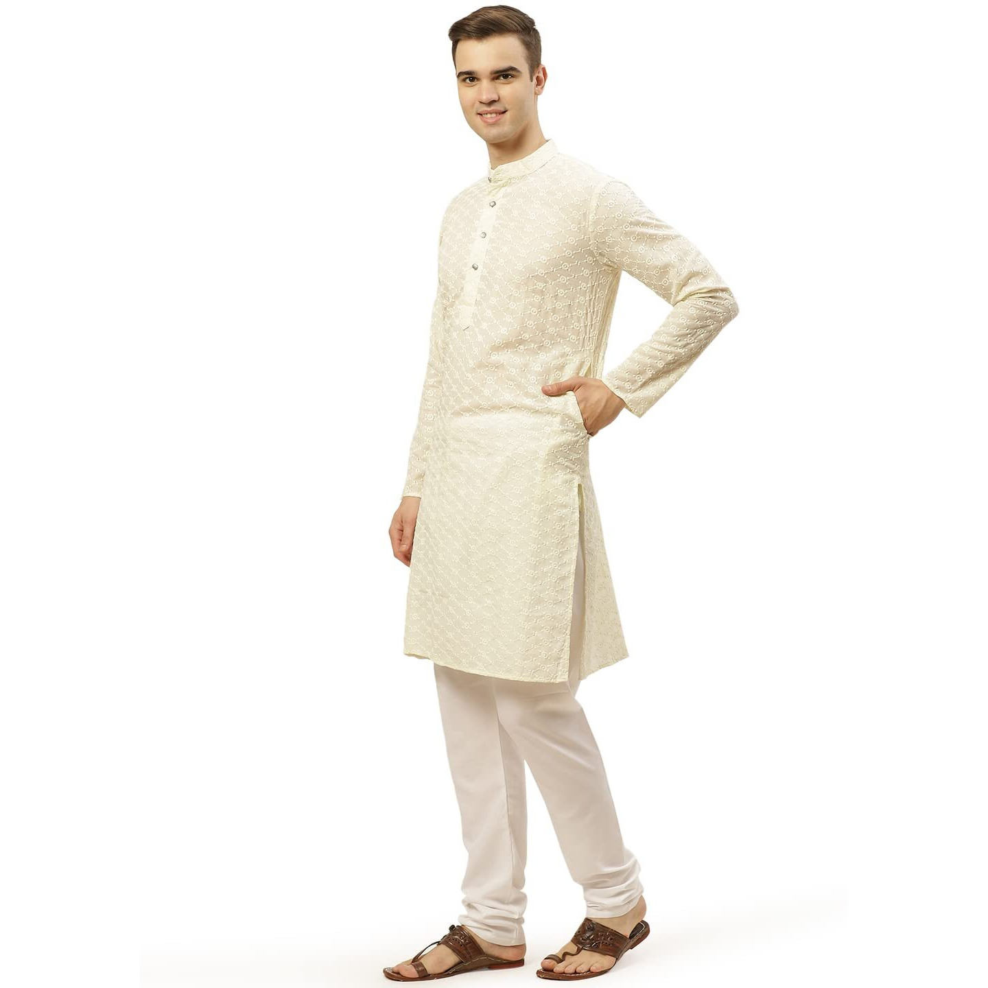 Jompers Men's Cream Embroidered Straight Kurta Pyjama Set. (Cream, M)