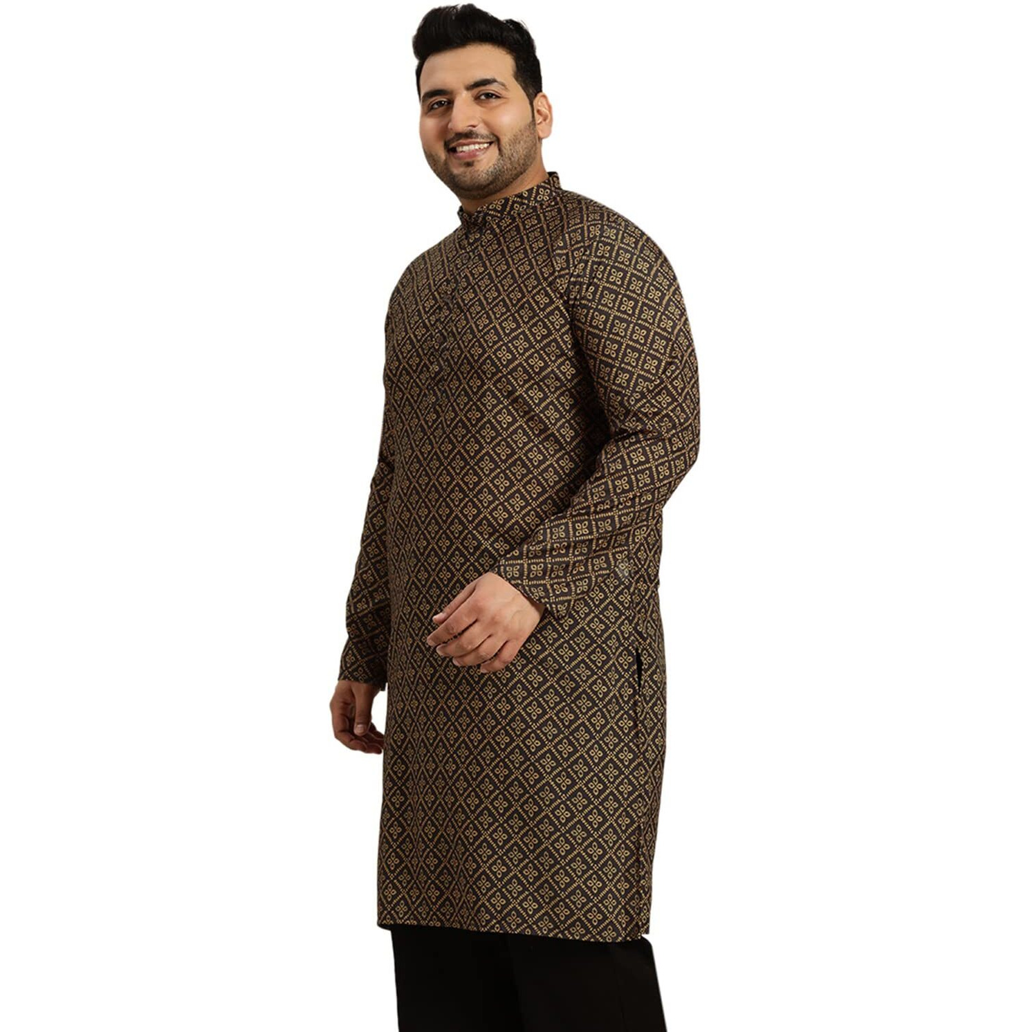 Sojanya Plus (Since 1958) Men's Cotton Black And Mustard Printed Only Long Kurta