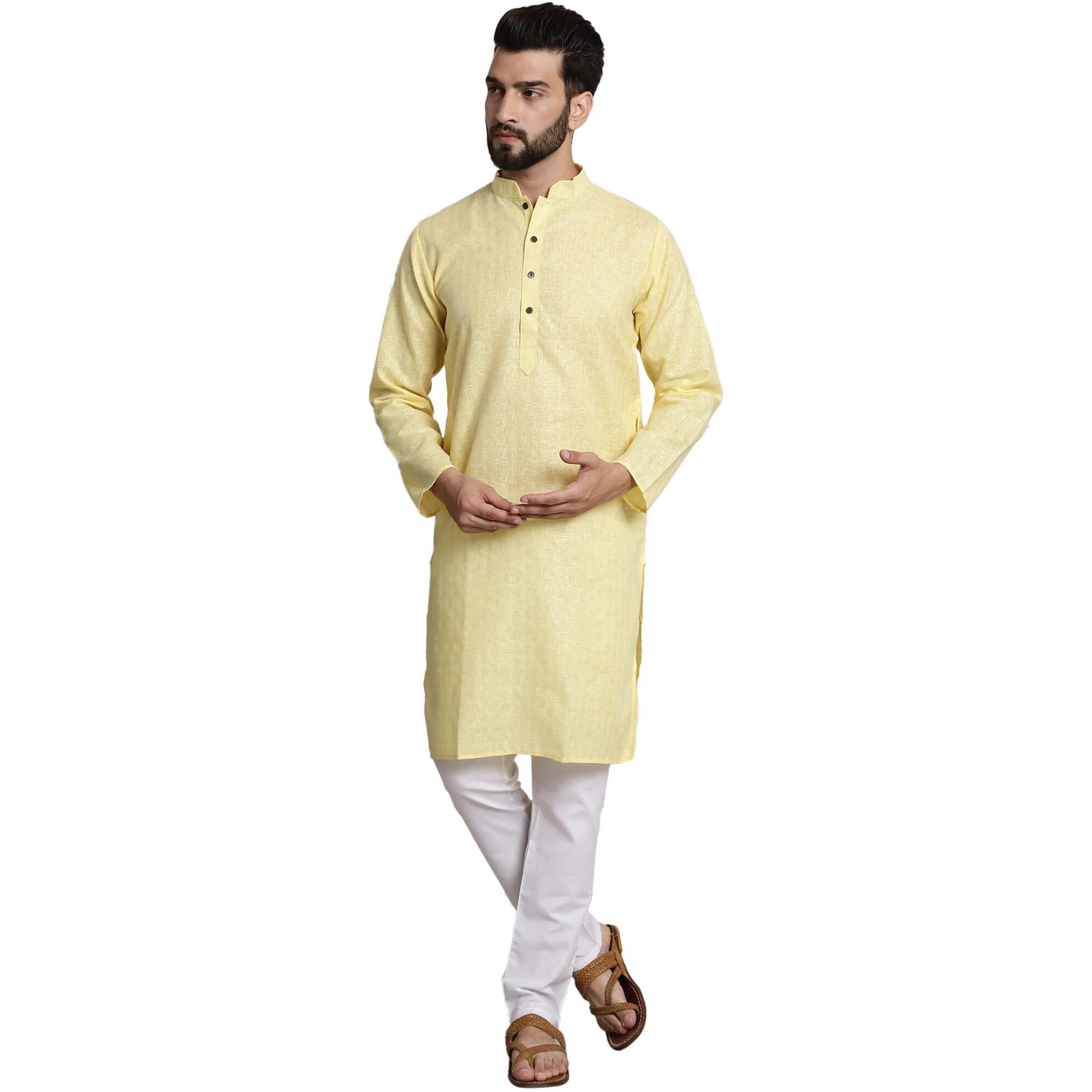 Sojanya (Since 1958 Men's Cotton Blend Yellow Checked Kurta And White Churidar Pyjama Set