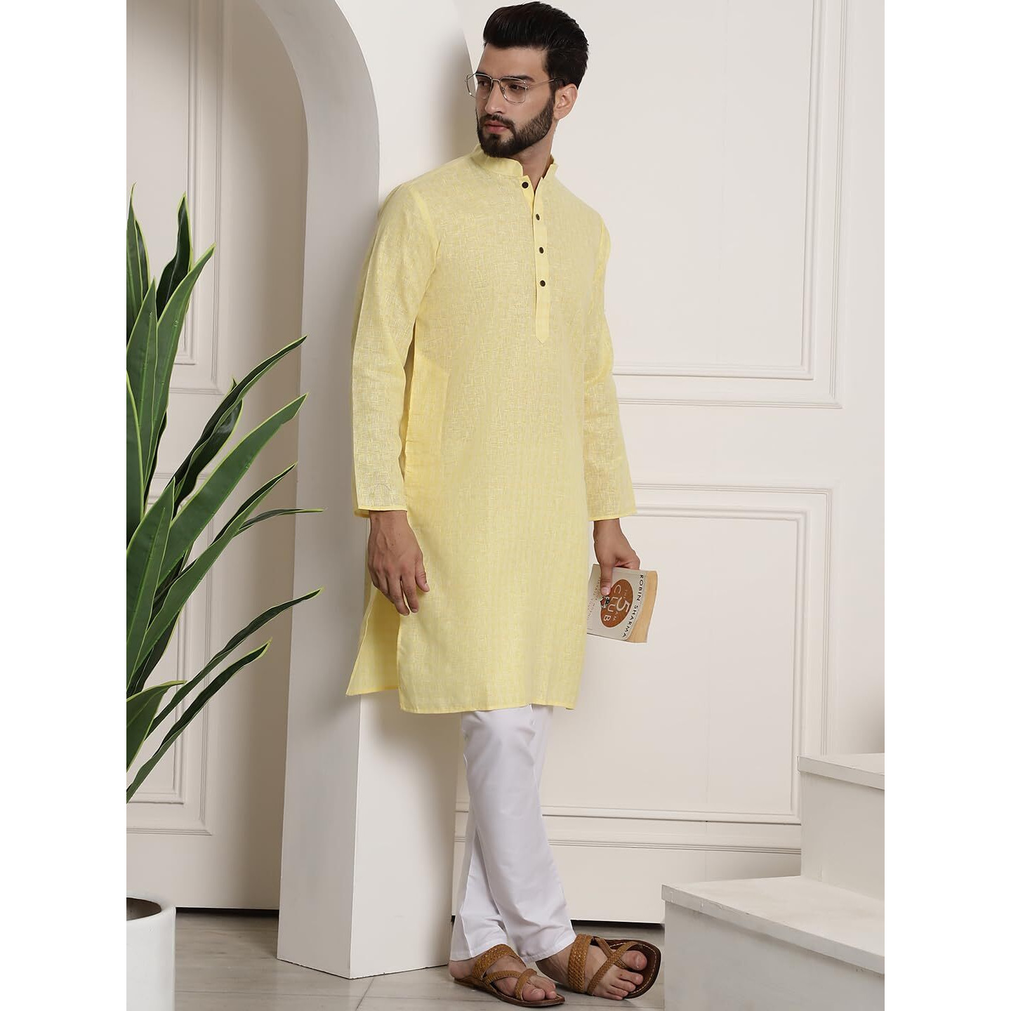 Sojanya (Since 1958 Men's Cotton Blend Yellow Checked Kurta And White Churidar Pyjama Set