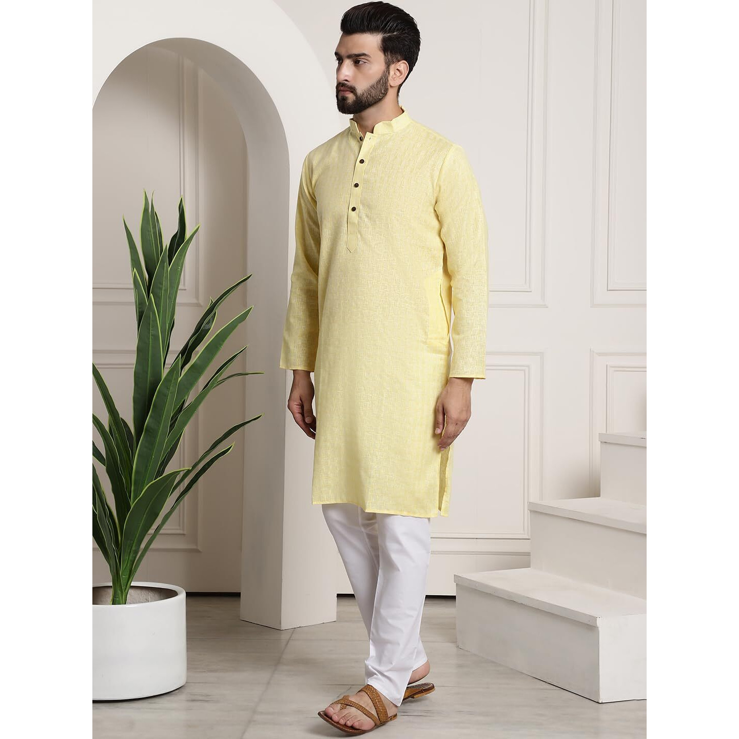 Sojanya (Since 1958 Men's Cotton Blend Yellow Checked Kurta And White Churidar Pyjama Set