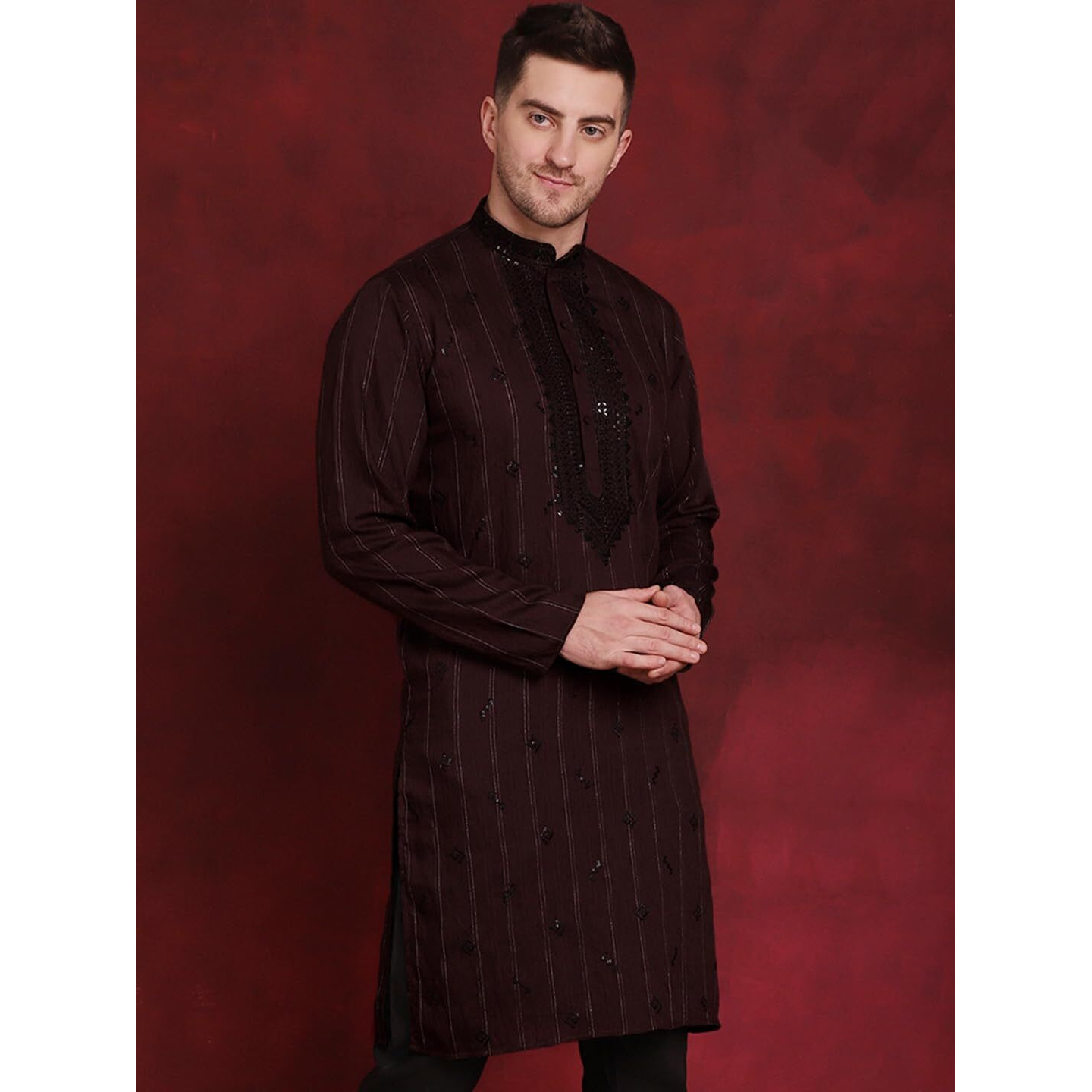Jompers Sequins Embroidered Kurta Pyjama Set For Men. (Maroon, Xl)