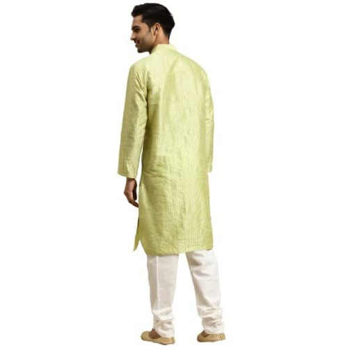 Sojanya (Since 1958 Men's Silk Blend Green Striped Kurta & Off White Churidaar Pyjama Set Size 40