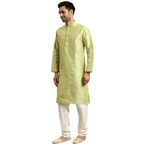 Sojanya (Since 1958 Men's Silk Blend Green Striped Kurta & Off White Churidaar Pyjama Set Size 40