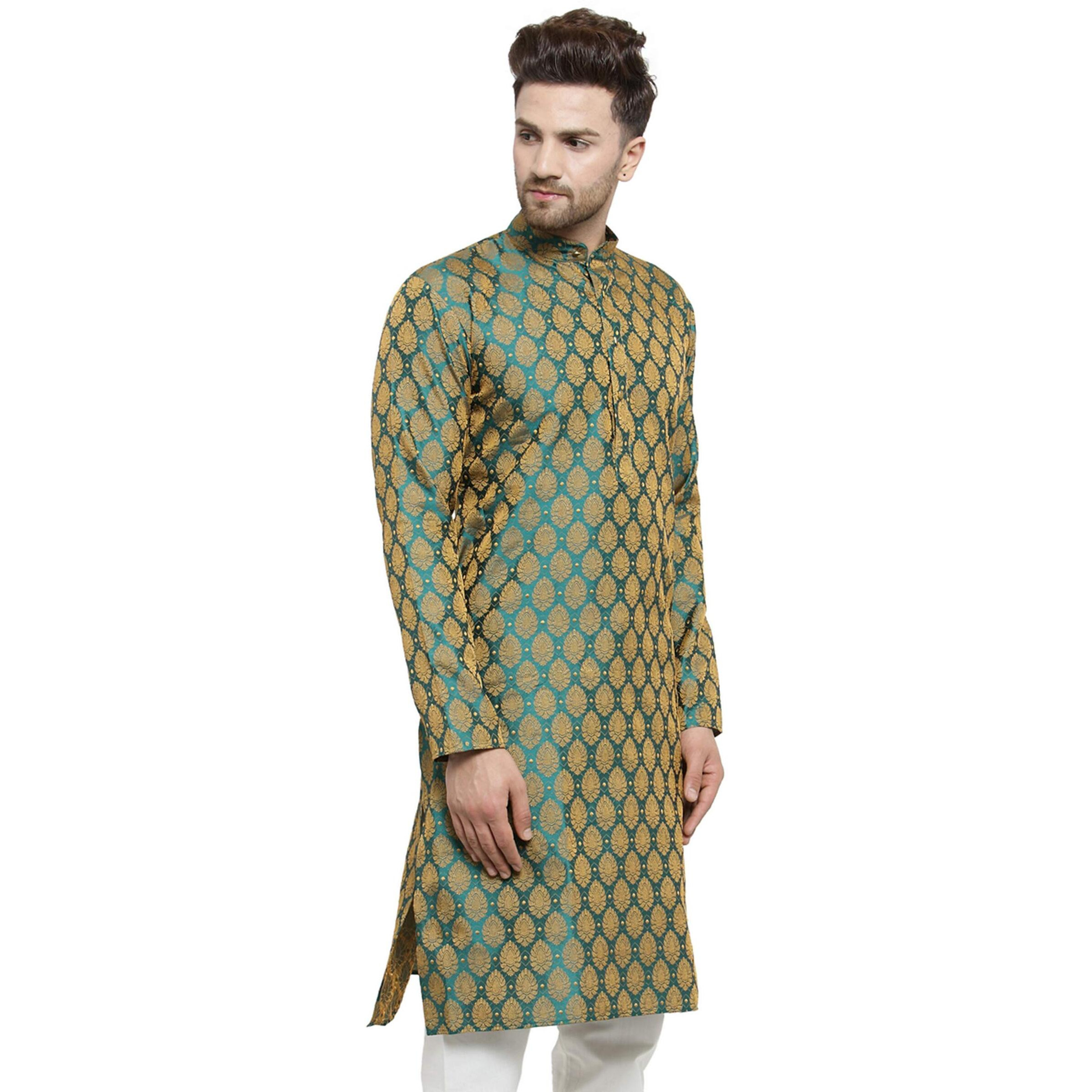 Jompers Men's Jacquard Silk Kurta. (Green_Xxl)