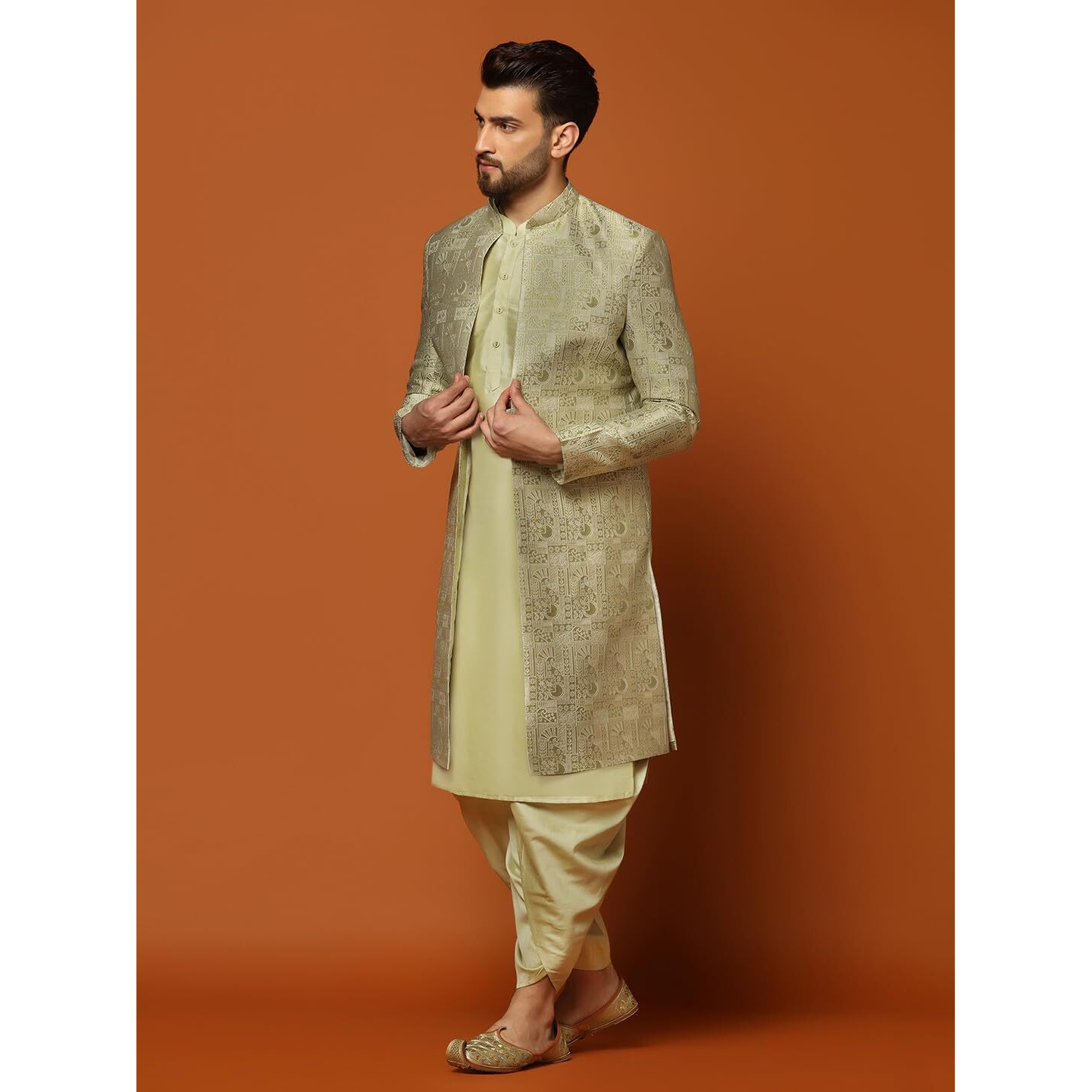 Kisah Sherwani Set For Men  Silk Blend Jacquard Embroidered Indo Western Sherwani With Kurta And Dhoti | Designer Ethnic Outfit For Weddings & Festivals, Grey & Blue, 42