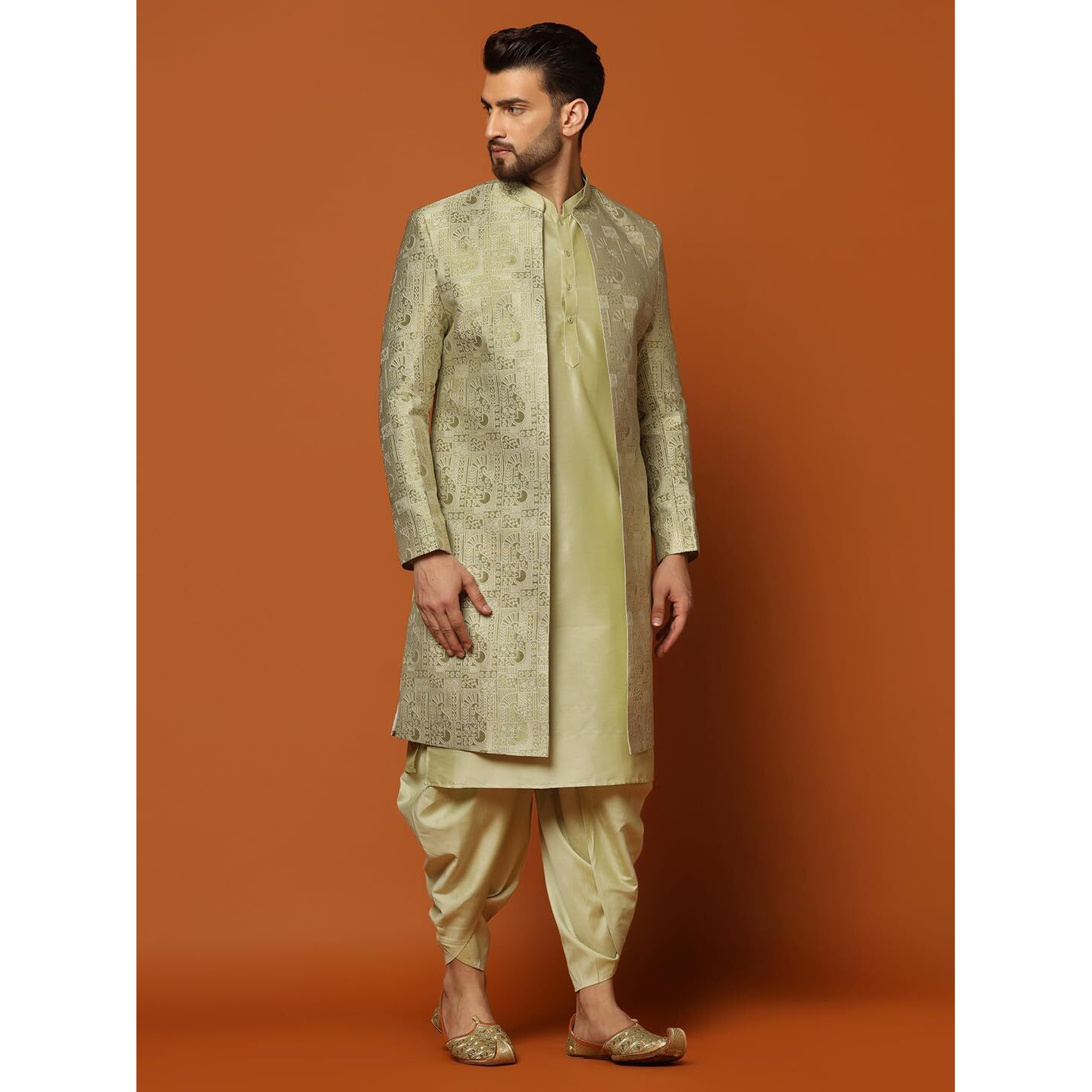 Kisah Sherwani Set For Men  Silk Blend Jacquard Embroidered Indo Western Sherwani With Kurta And Dhoti | Designer Ethnic Outfit For Weddings & Festivals, Grey & Blue, 42