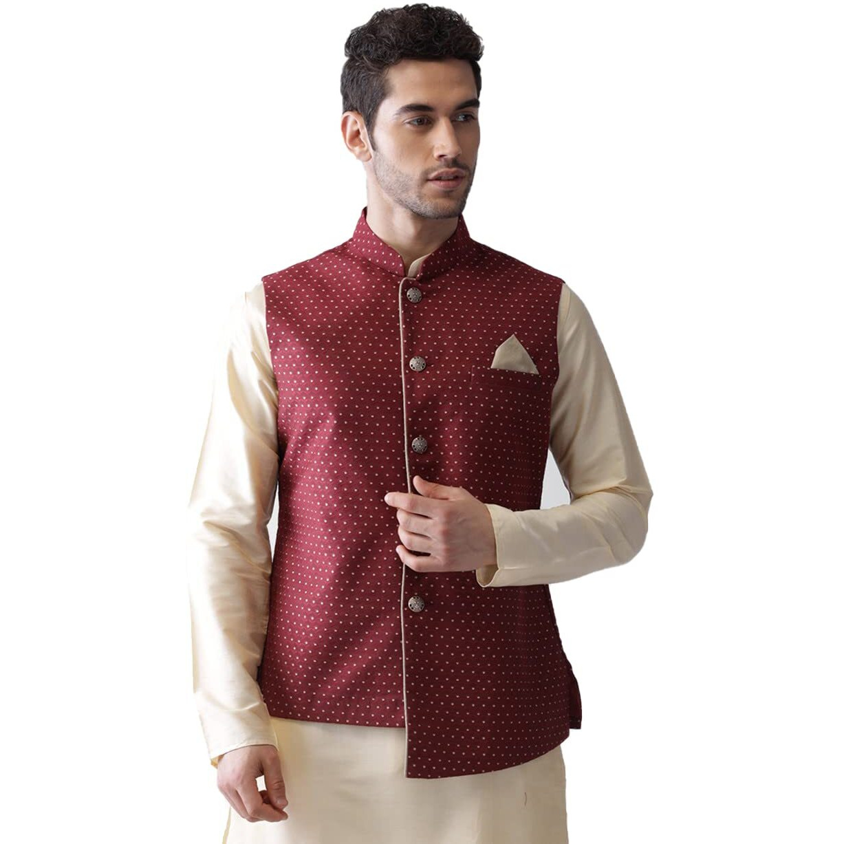 Kisah Men's Printed Sleeveless Brocade Nehru Modi Jacket Maroon Waistcoat Festive Ethenic Wear