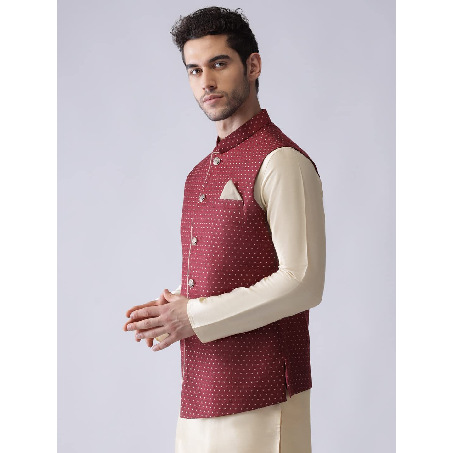 Kisah Men's Printed Sleeveless Brocade Nehru Modi Jacket Maroon Waistcoat Festive Ethenic Wear