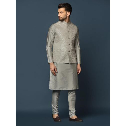 Kisah Men's Silver Kurta Jacket Churidar Set Cotton Blend, Woven Design, Full Sleeves, Straight, Regular Fit, Mandarin Collar Ethnic Casual Wear-44