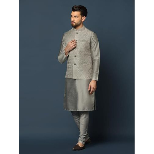 Kisah Men's Silver Kurta Jacket Churidar Set Cotton Blend, Woven Design, Full Sleeves, Straight, Regular Fit, Mandarin Collar Ethnic Casual Wear-44