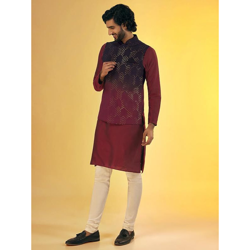 Kisah Men's Kurta Jacket Churidar Set, Black Pure Cotton, Embellished Regular Fit Long Sleeves Mandarin Collar (L)