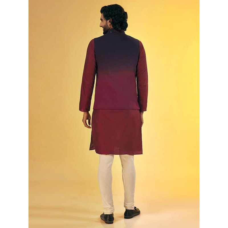 Kisah Men's Kurta Jacket Churidar Set, Black Pure Cotton, Embellished Regular Fit Long Sleeves Mandarin Collar (L)
