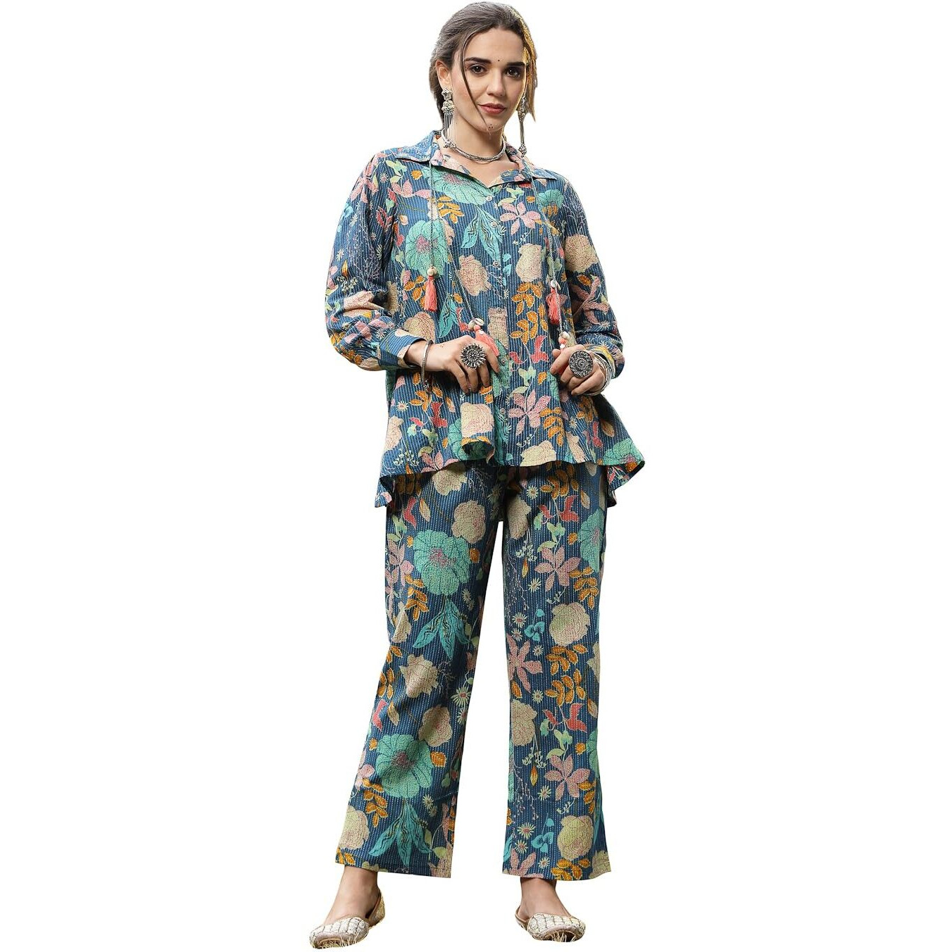Stylum Women's Multicolor Floral Printed Cotton Co-Ord Set (Csmultibeach40_Multicolor, L)