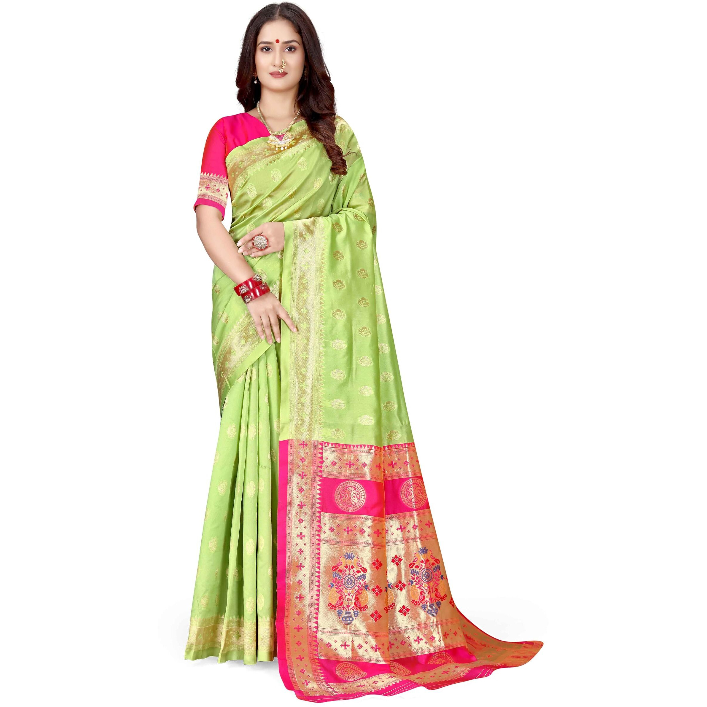 Sugathari Women's Banarasi Saree Pure Paithani Kanjivaram Silk Soft New Ladies 2024 Design Wear Sarees Latest Cotton Party Sari Collections With Blouse Piece For Wedding Sadi (Pari-201 Light Green)