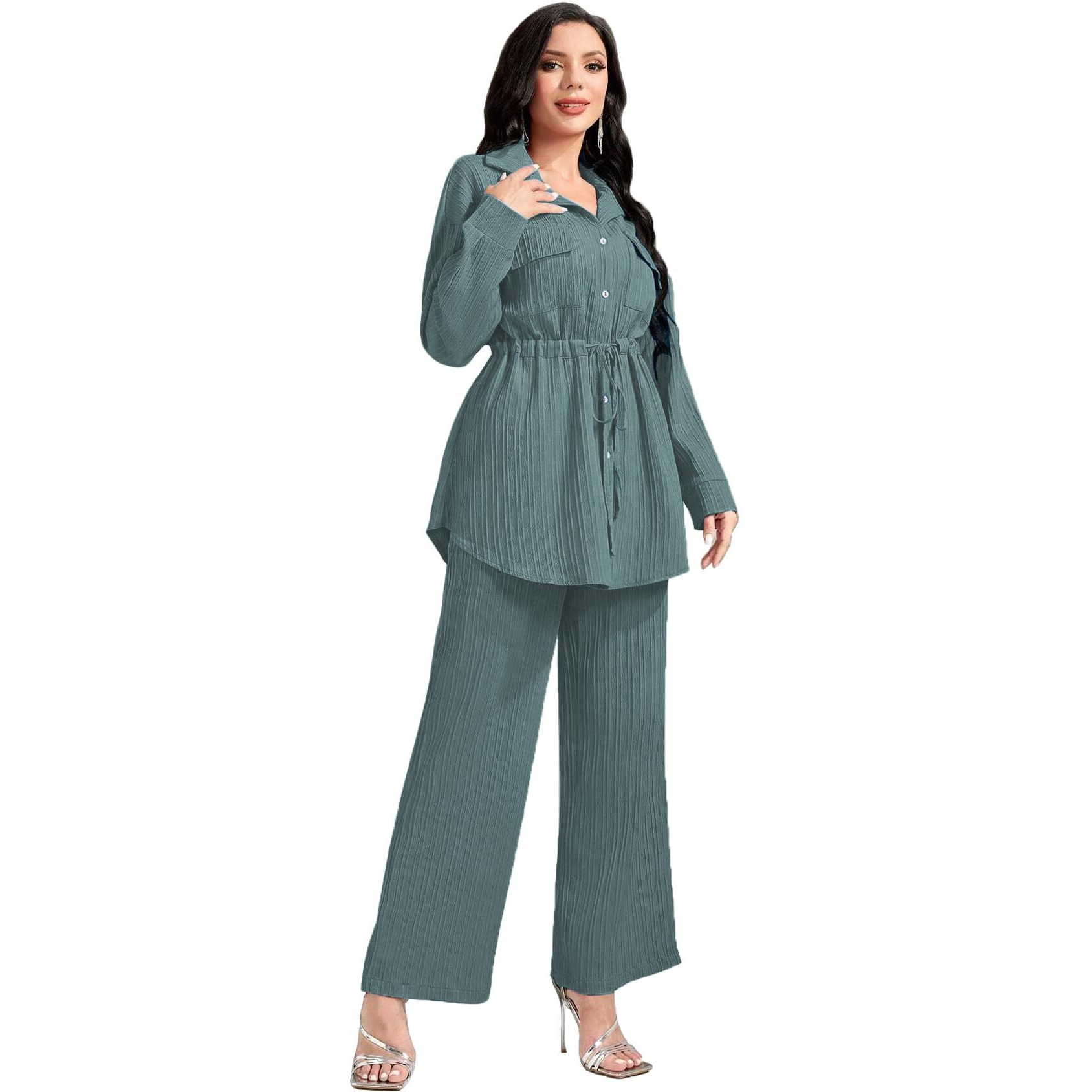 Tadkee Women's Solid Color Casual Long Sleeve Top And Pant Co-Ord Set With Pockets | Co Ord Set For Women | Kurta Set For Women (Fn-Sugar-Full-Pocket-127-Green-L)