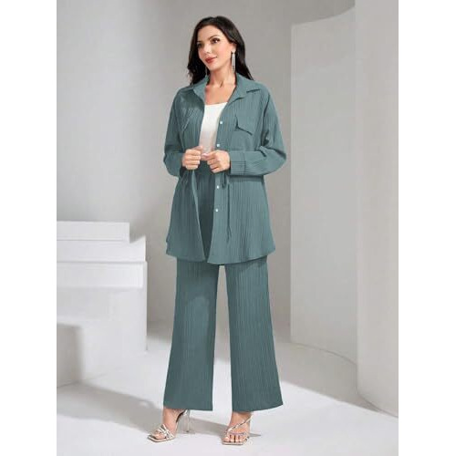 Tadkee Women's Solid Color Casual Long Sleeve Top And Pant Co-Ord Set With Pockets | Co Ord Set For Women | Kurta Set For Women (Fn-Sugar-Full-Pocket-127-Green-L)