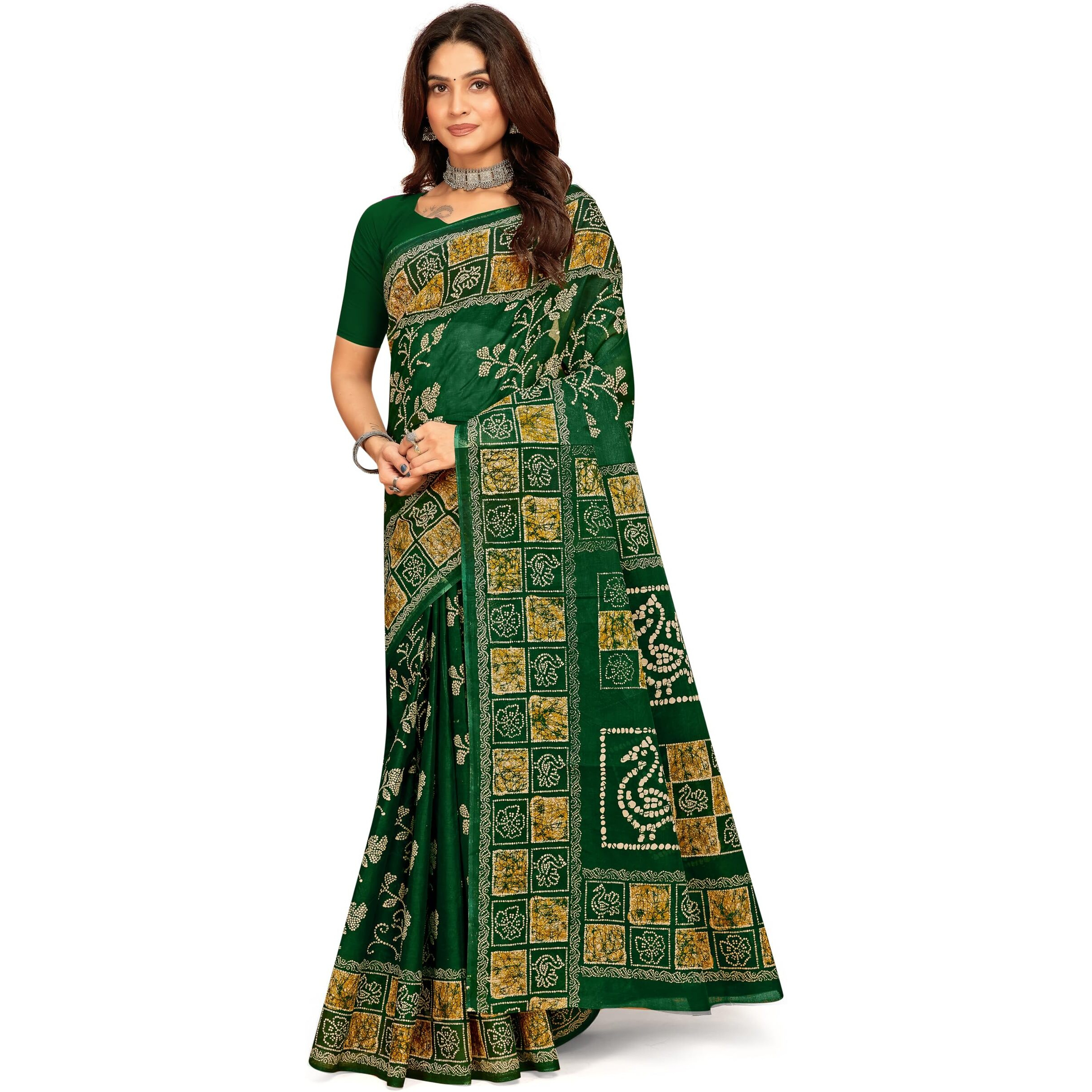 Tamaira Fashion Women's Floral Batik Printed Pure Cotton Mulmul Saree Without Blouse Piece(2489_Green)