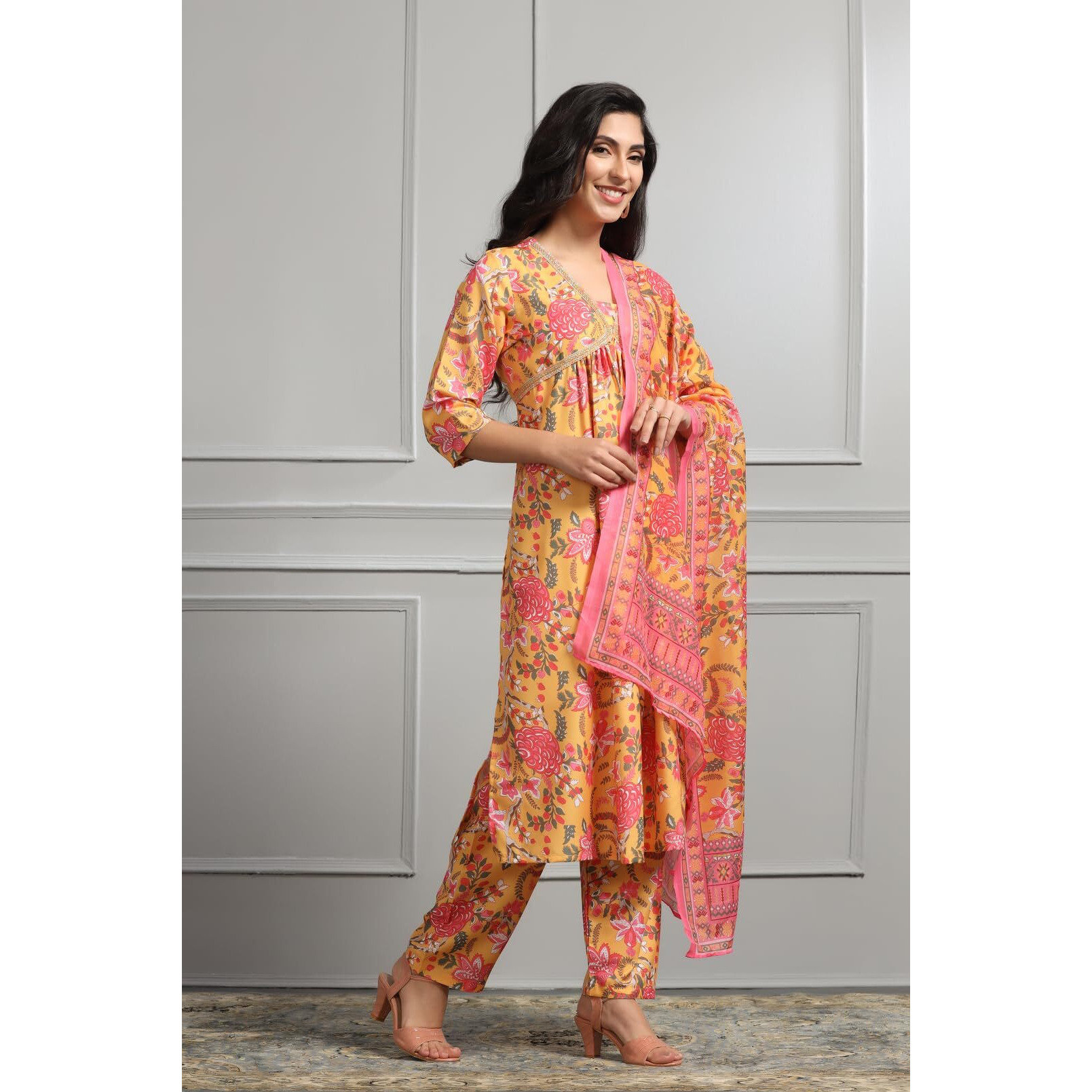 Leriya Fashion Women Cotton Blend Fancy Kurta Set Regular Fit Printed (Lf-K2740&P162&D107_Yellow_L)