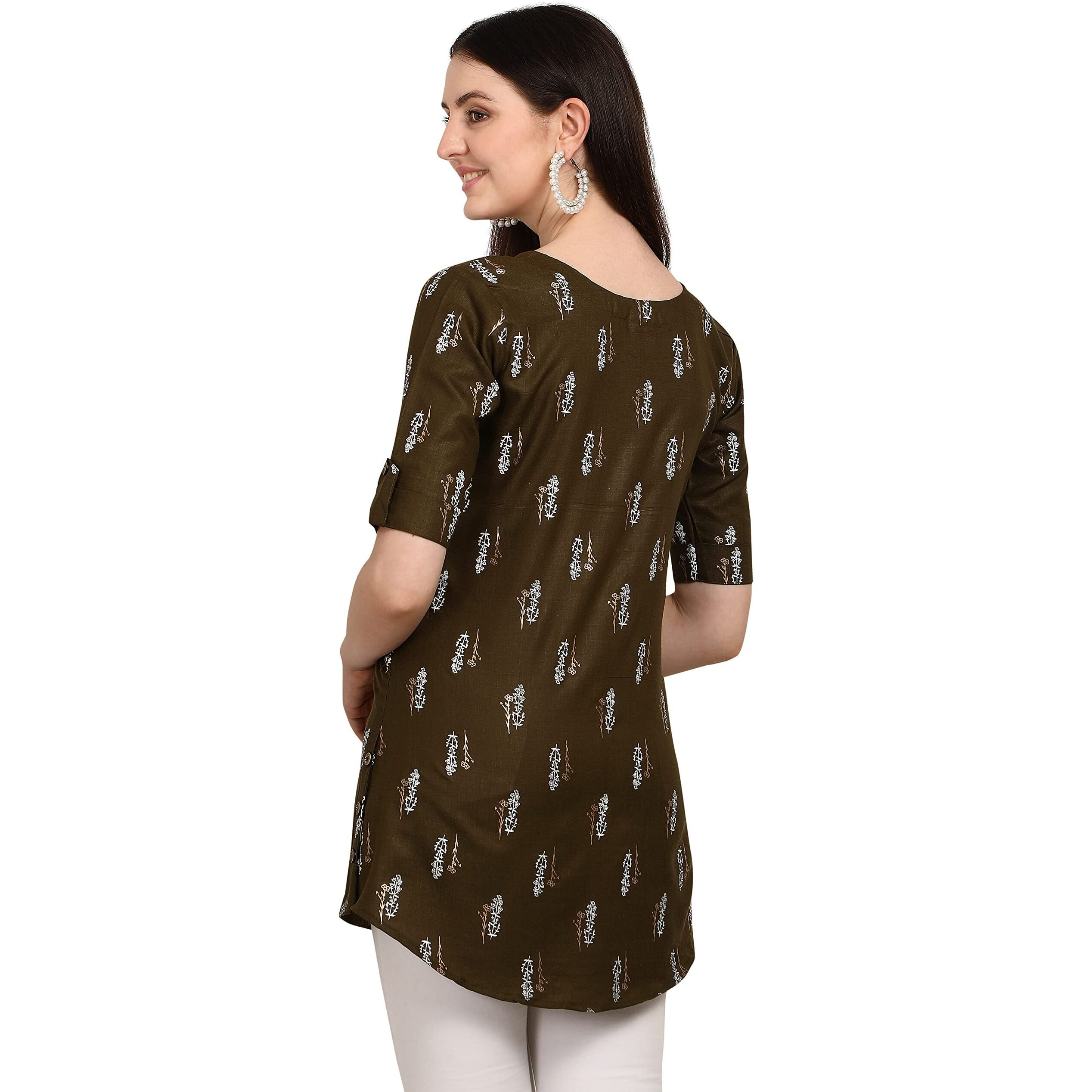 Leriya Fashion Rayon Fabric Printed Round Neck Short Kurtis For Women Top Dresses Kurti For Girls & Ladies Kurtis (Xxx-Large, Brown)