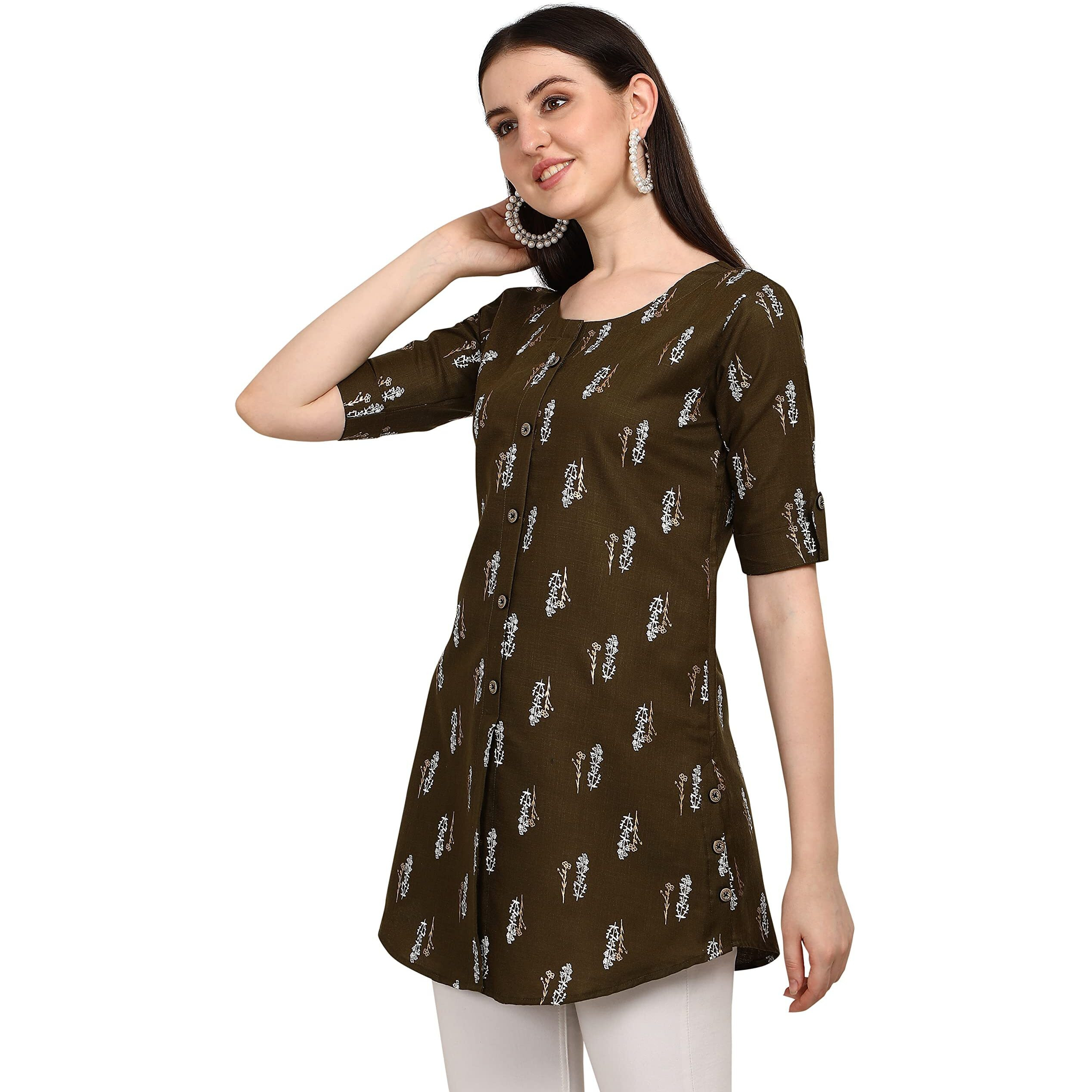 Leriya Fashion Rayon Fabric Printed Round Neck Short Kurtis For Women Top Dresses Kurti For Girls & Ladies Kurtis (Xxx-Large, Brown)