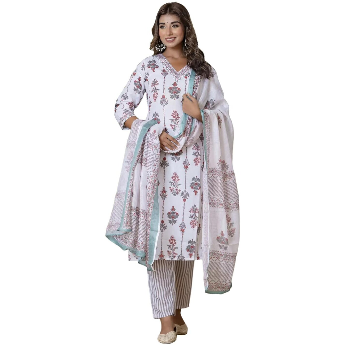 Tee Projekt Women's Cotton Blend V Neck Printed Straight Kurta Pant With Dupatta Set Off White