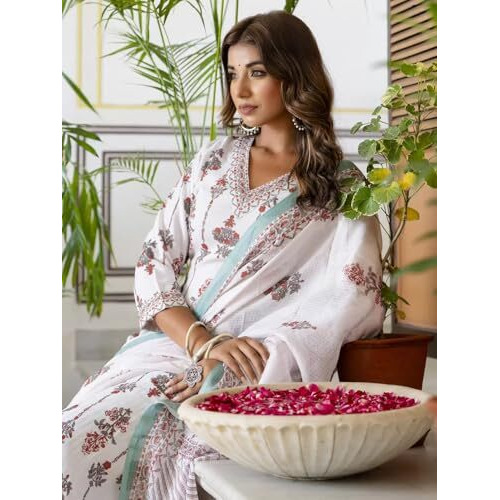 Tee Projekt Women's Cotton Blend V Neck Printed Straight Kurta Pant With Dupatta Set Off White