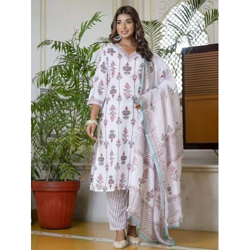 Tee Projekt Women's Cotton Blend V Neck Printed Straight Kurta Pant With Dupatta Set Off White