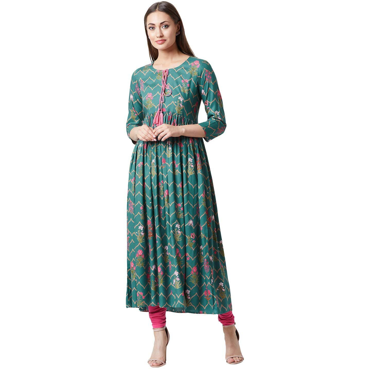 Tissu Women's Green & Pink Floral Print Pleated Kurta (Green & Pink 4Xl)