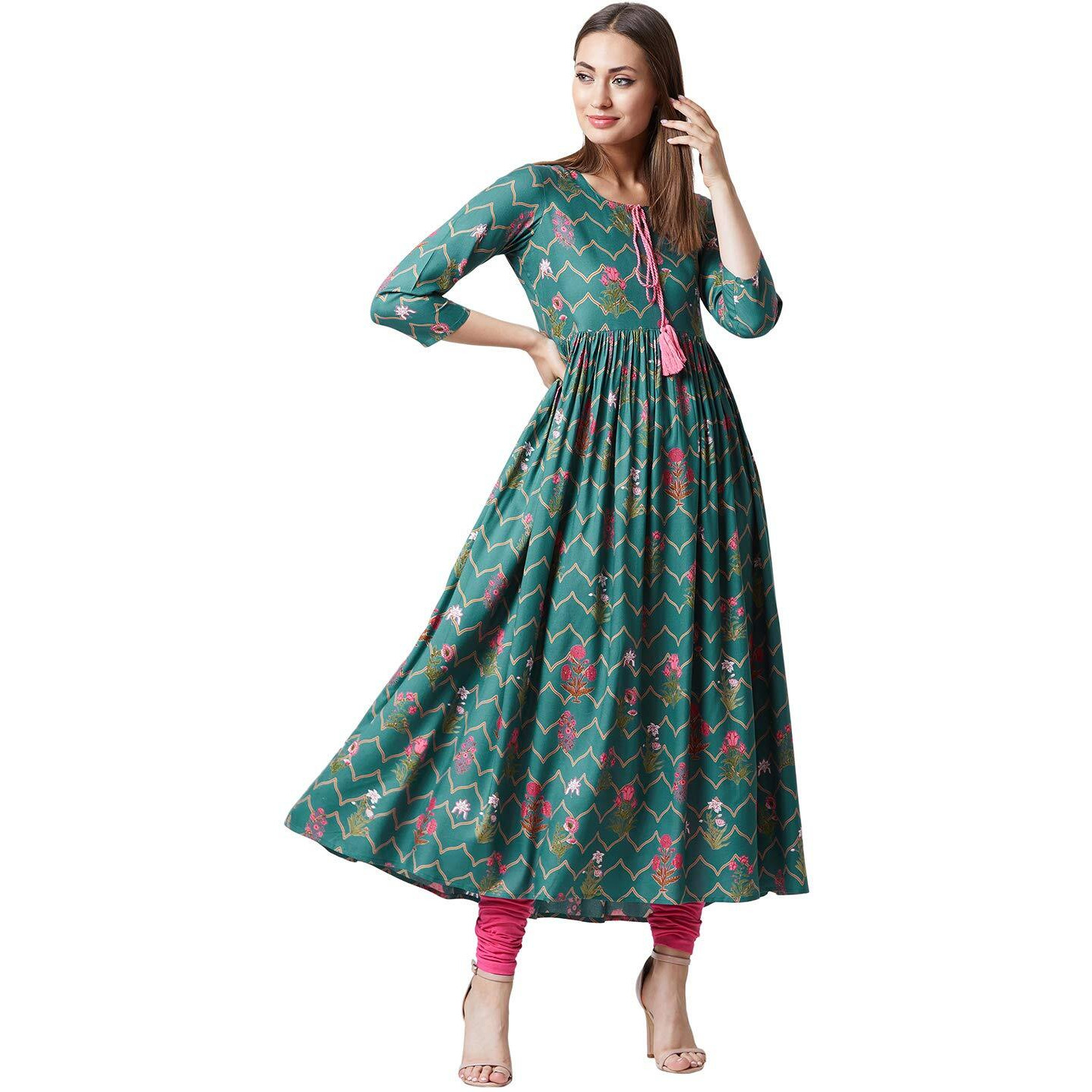 Tissu Women's Green & Pink Floral Print Pleated Kurta (Green & Pink 4Xl)