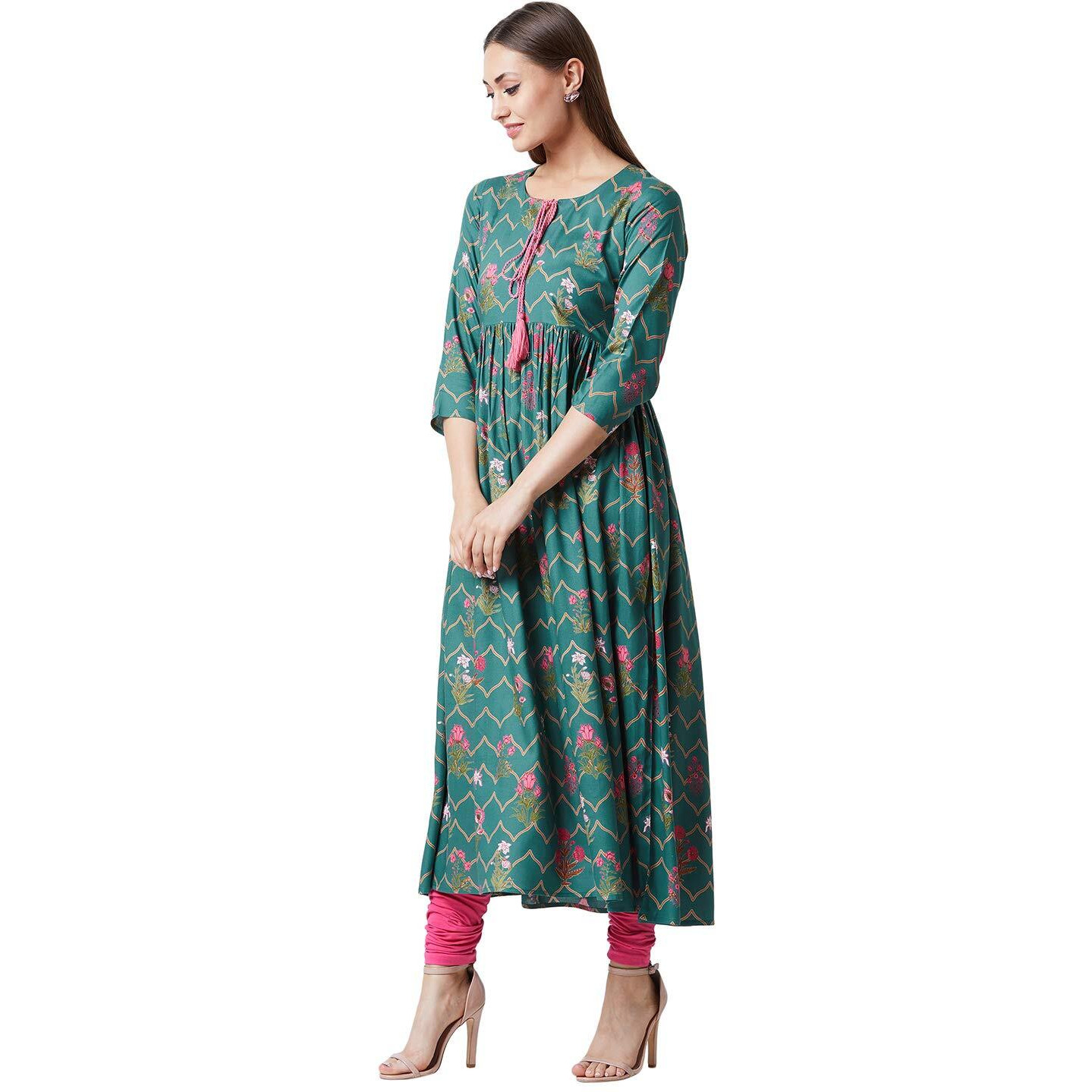 Tissu Women's Green & Pink Floral Print Pleated Kurta (Green & Pink 4Xl)