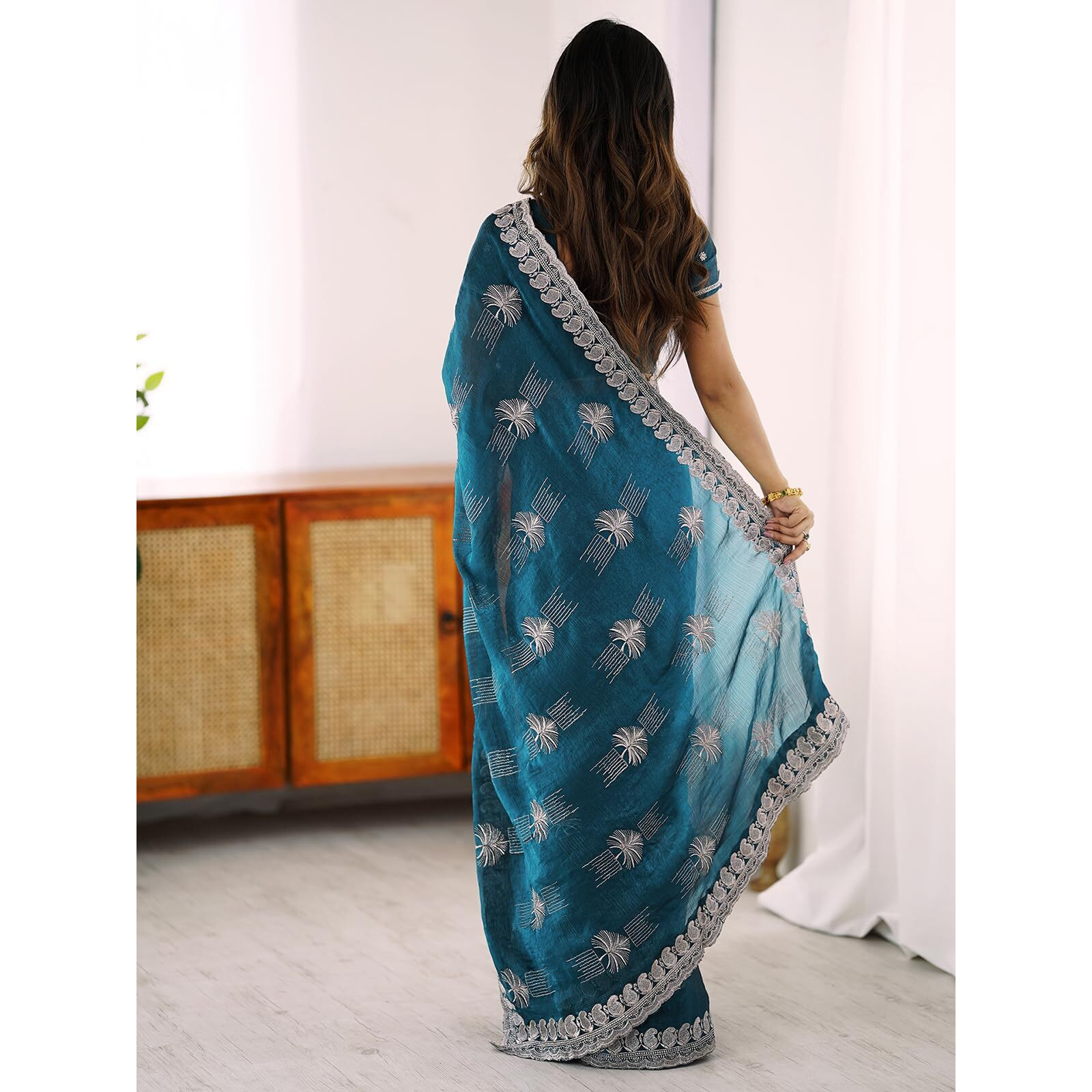 Satrani Women's Simmer Chiffon Embroidery Scalloped Border Saree With Unstitched Blouse Piece (4488S232N_Peacock Blue)