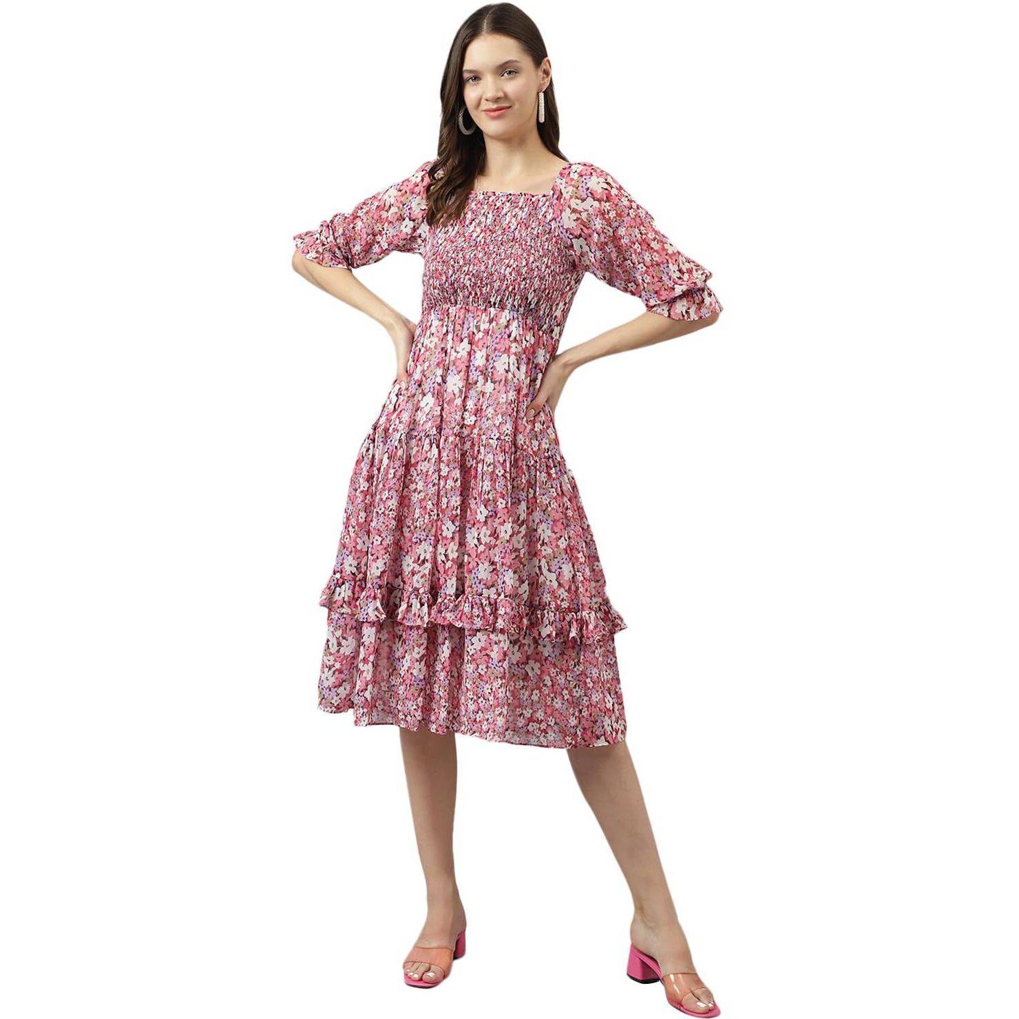Toochki Women's Pink Georgette Floral Tiered Western Dress | Dress For Women | A Line Dress | Winter Dress | Western Dress | Latest Women Dress | Trendy Dress | Midi Dress