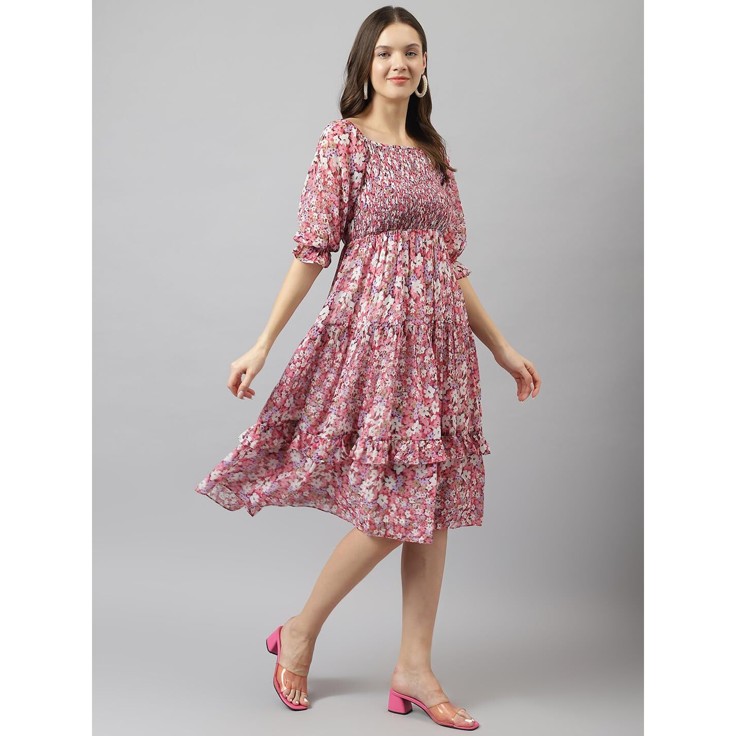Toochki Women's Pink Georgette Floral Tiered Western Dress | Dress For Women | A Line Dress | Winter Dress | Western Dress | Latest Women Dress | Trendy Dress | Midi Dress