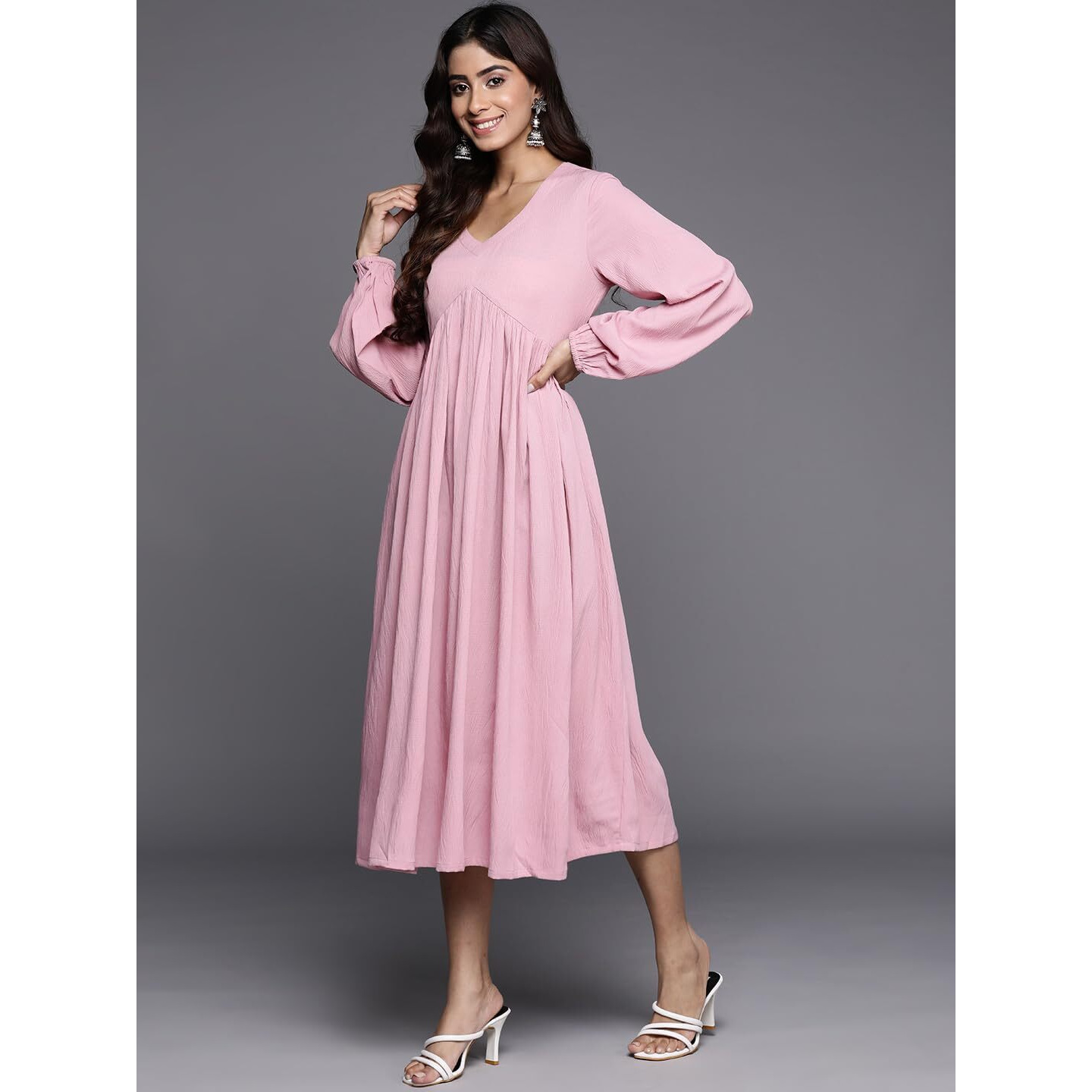 Varanga Women Pink V-Neck Bishop Sleeves A-Line Dress With Gathered Details, Calf Length (Small)