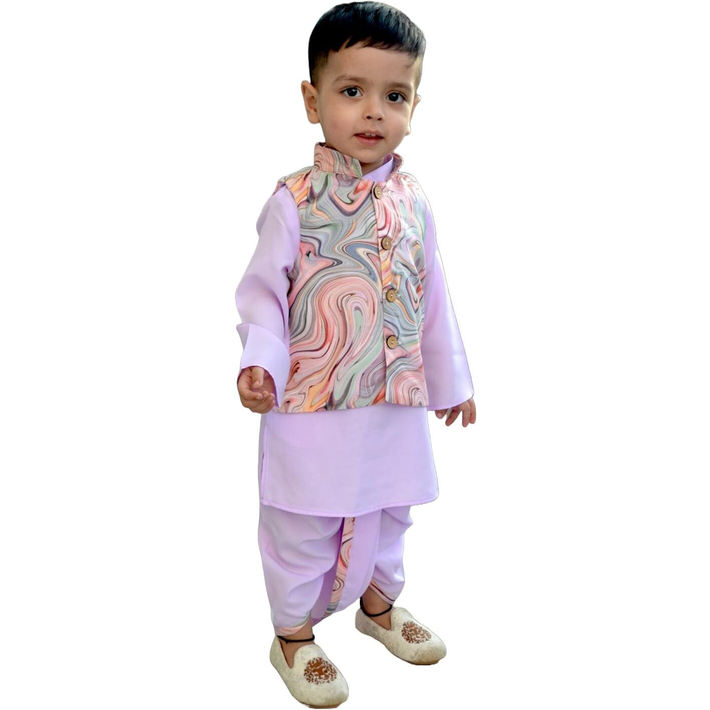 A.T.U.N. (All Things Uber Nice) Boys Mauve Kurta Dhoti With Swirl Printed Nehru Jacket (3 Piece Set)