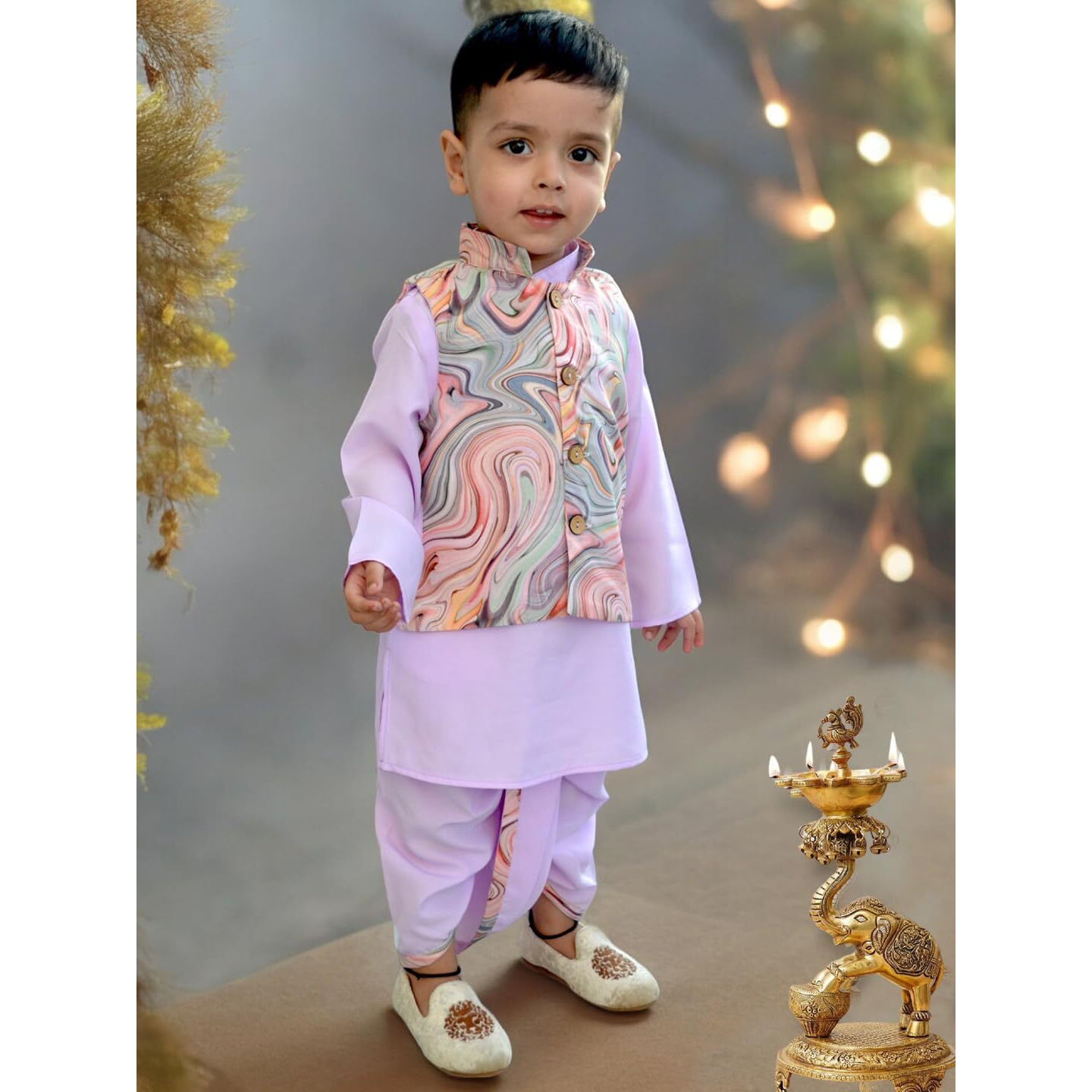 A.T.U.N. (All Things Uber Nice) Boys Mauve Kurta Dhoti With Swirl Printed Nehru Jacket (3 Piece Set)