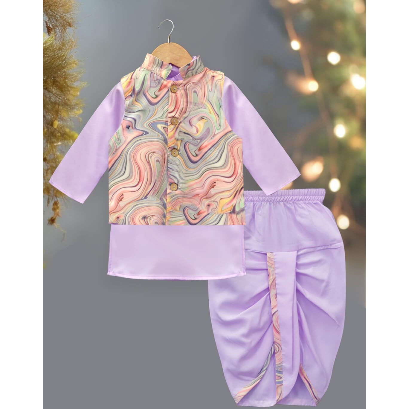 A.T.U.N. (All Things Uber Nice) Boys Mauve Kurta Dhoti With Swirl Printed Nehru Jacket (3 Piece Set)