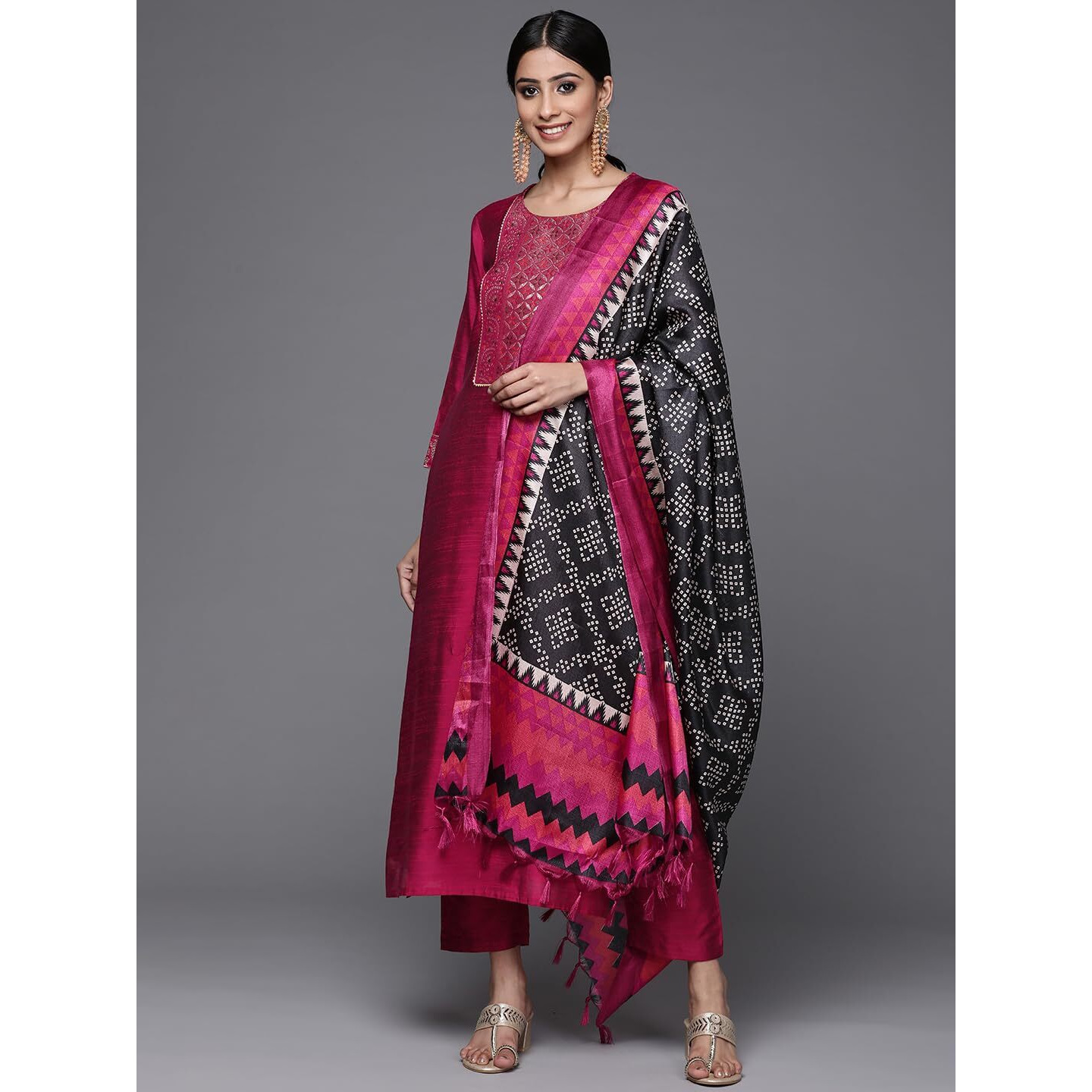 Varanga Magenta Silk Kurta Set For Women  Elegant Woven Yoke, Gota Embellishment, Elasticated Trouser, Side Slits  Stylish & Comfortable Ethnic Wear (Large)
