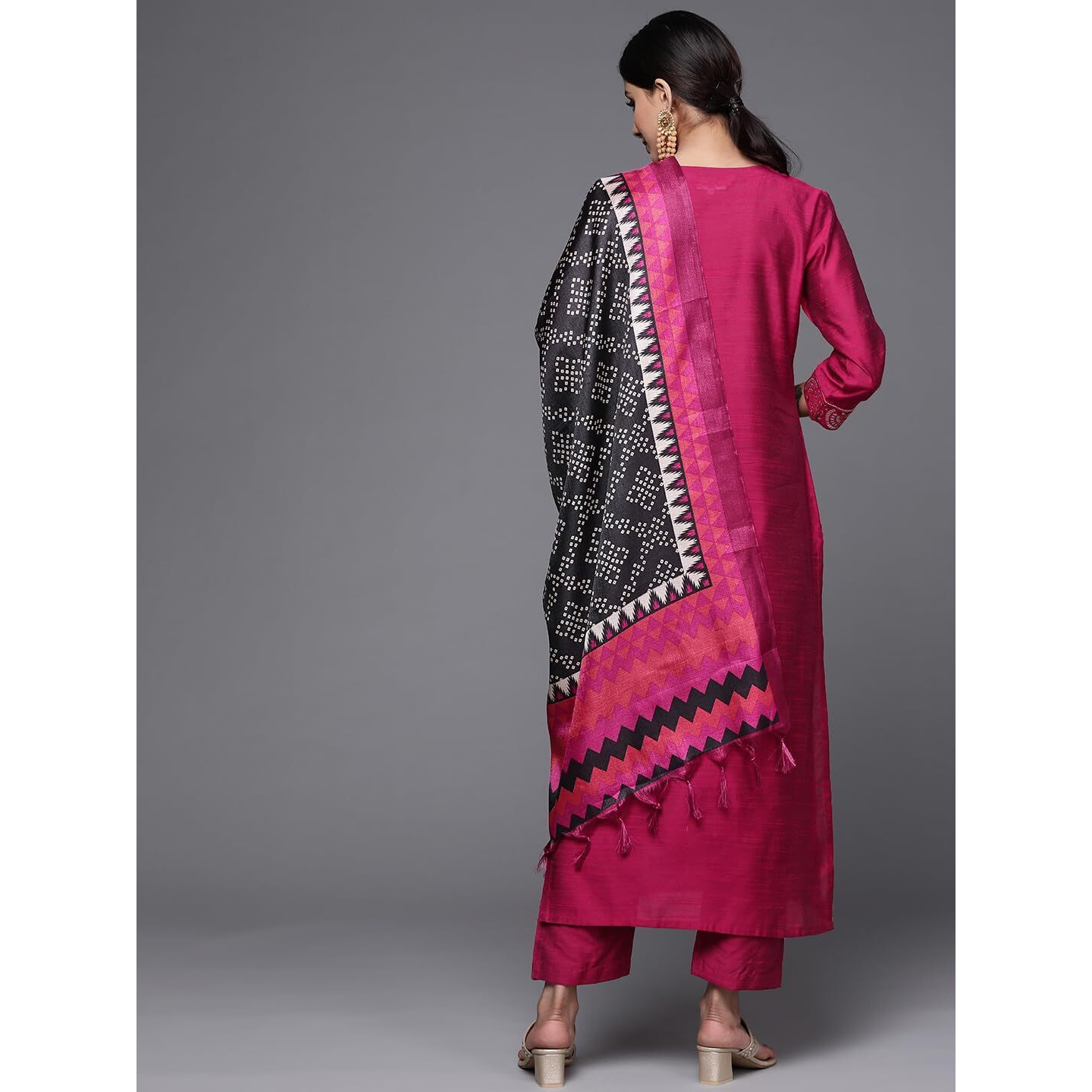 Varanga Magenta Silk Kurta Set For Women  Elegant Woven Yoke, Gota Embellishment, Elasticated Trouser, Side Slits  Stylish & Comfortable Ethnic Wear (Large)