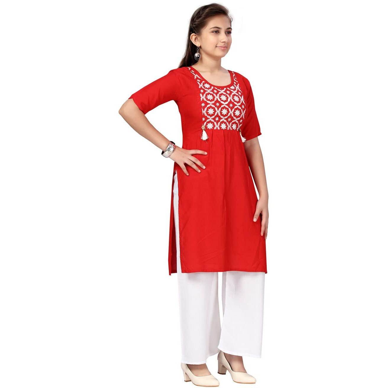 Aarika Girl's Cotton Kurti Palazzo Set (Pl-H-6_Red-White_40)