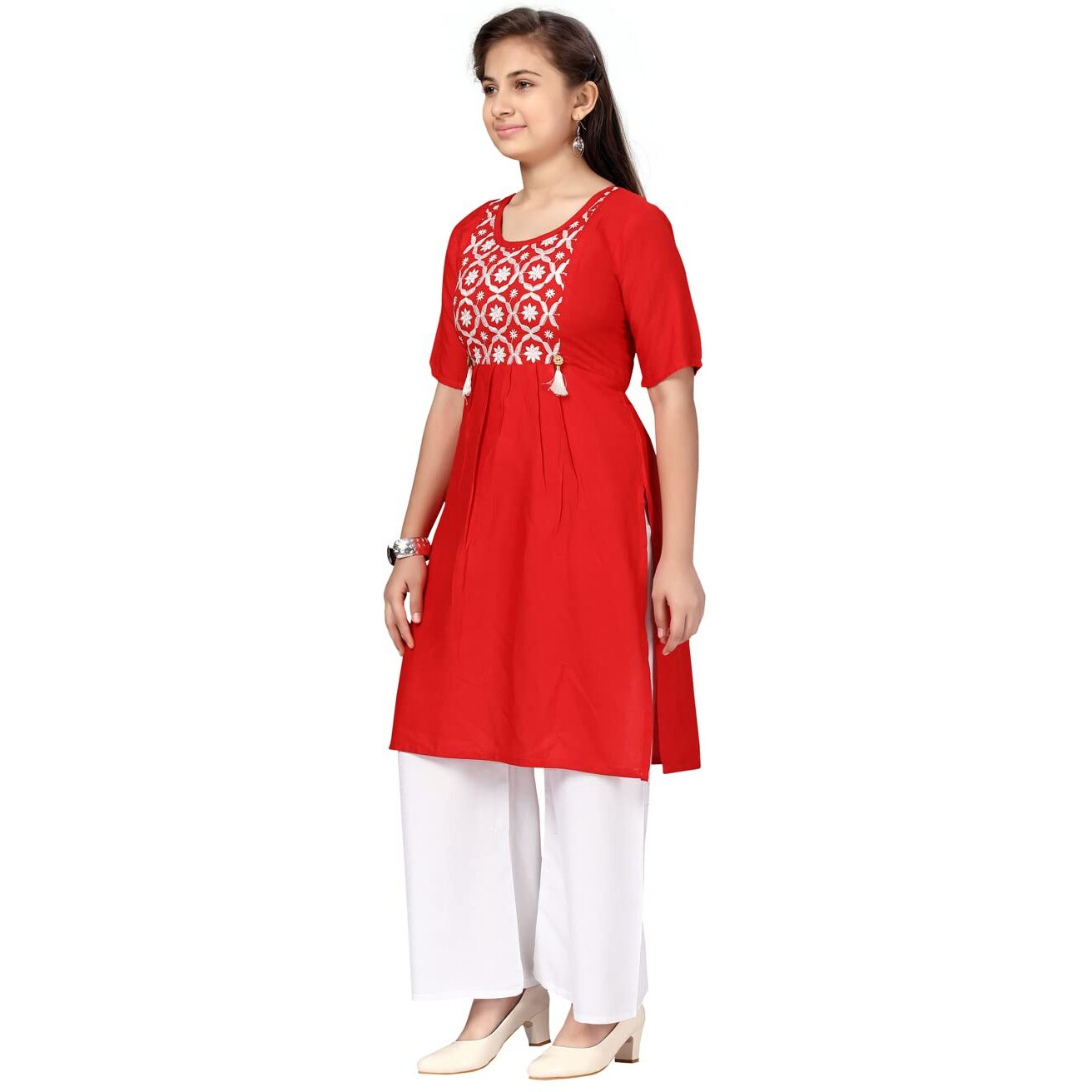 Aarika Girl's Cotton Kurti Palazzo Set (Pl-H-6_Red-White_40)