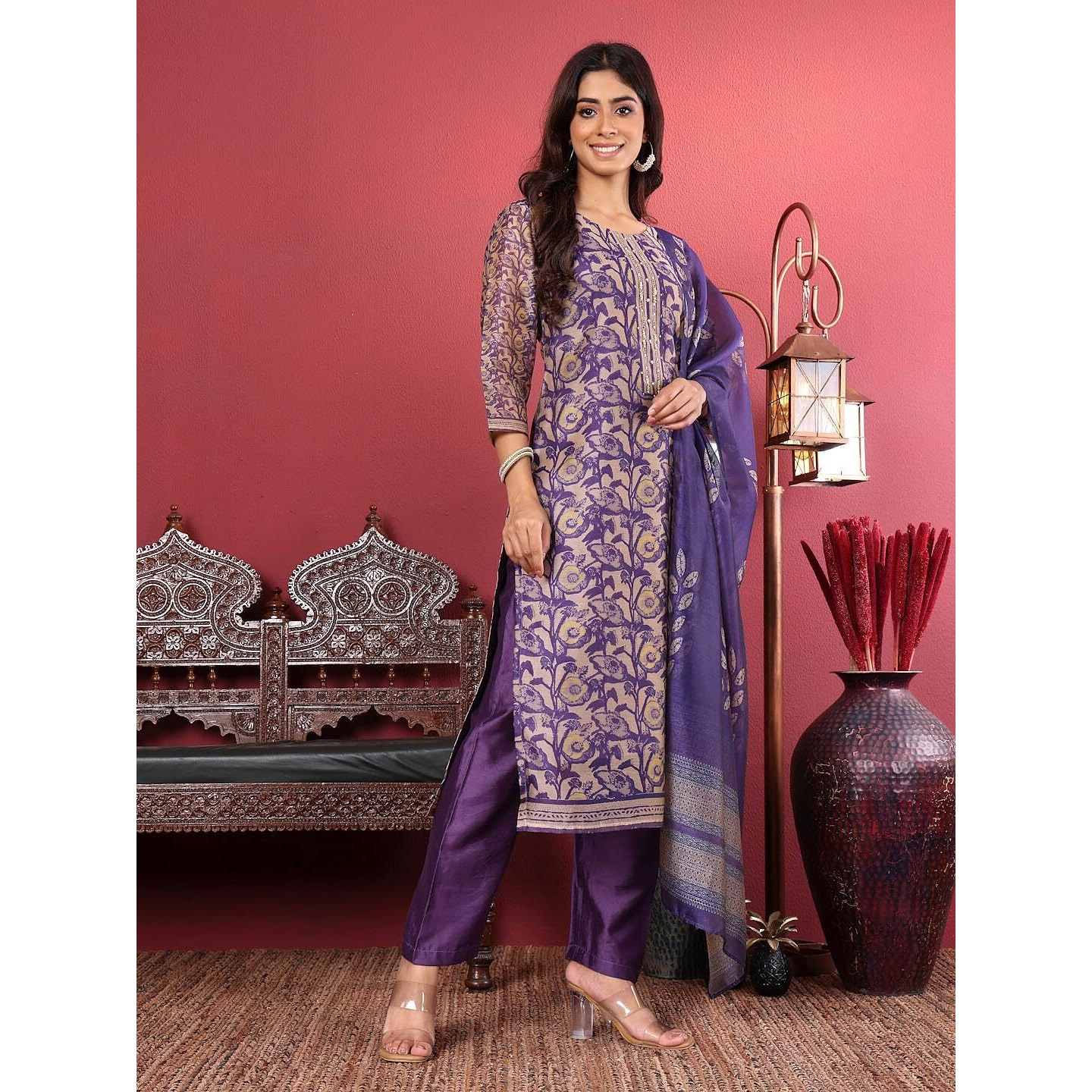 Varanga Women's Purple Floral Printed Straight Kurta Set