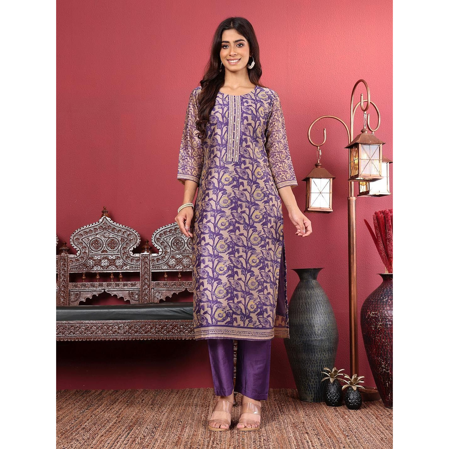 Varanga Women's Purple Floral Printed Straight Kurta Set