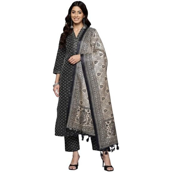 Varanga Women Black Jacquard Kurta Set With Dupatta