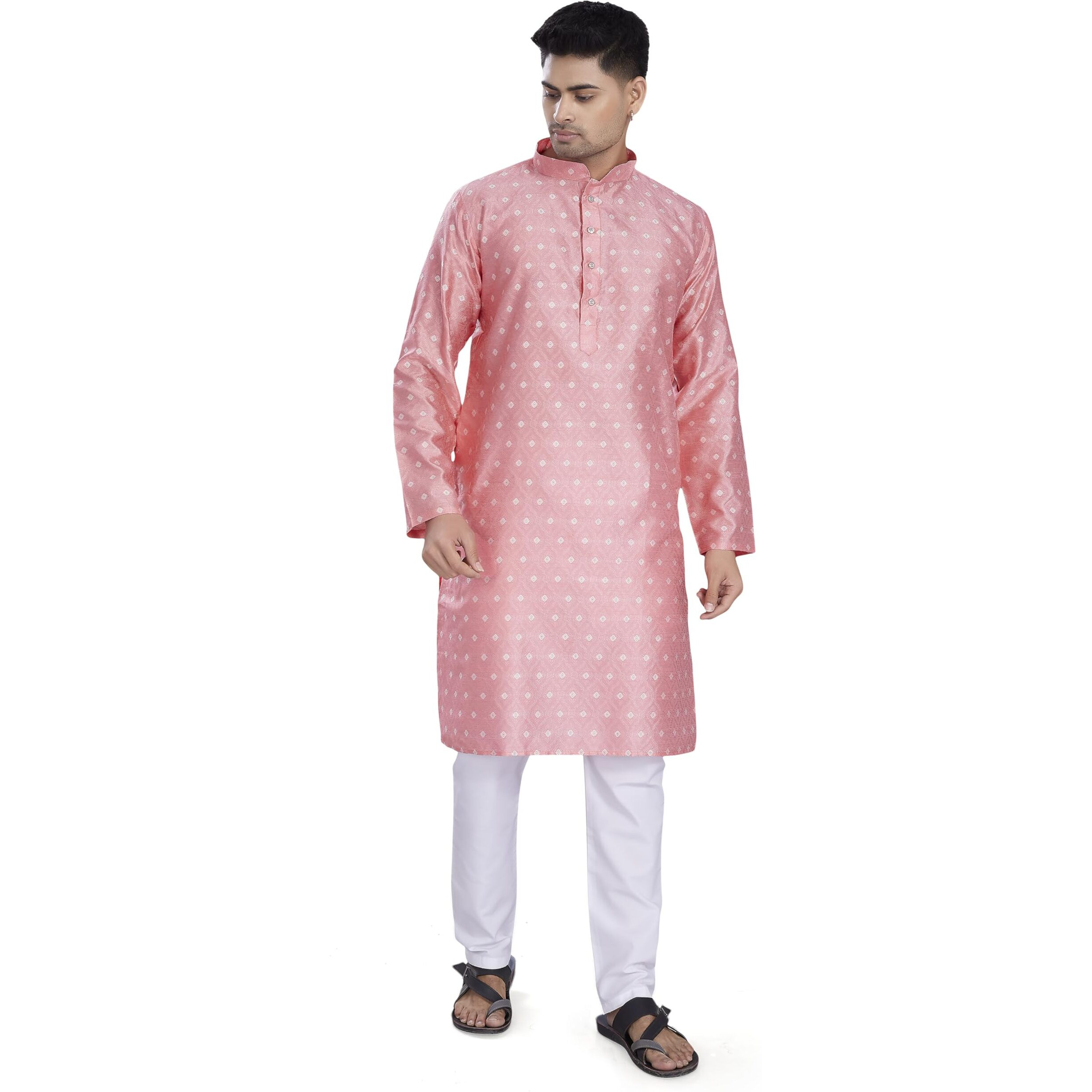 Divisive Men's Self Woven Jequard Art Silk Slim Fit Only Kurta (Dkrt1306_S_Pink)