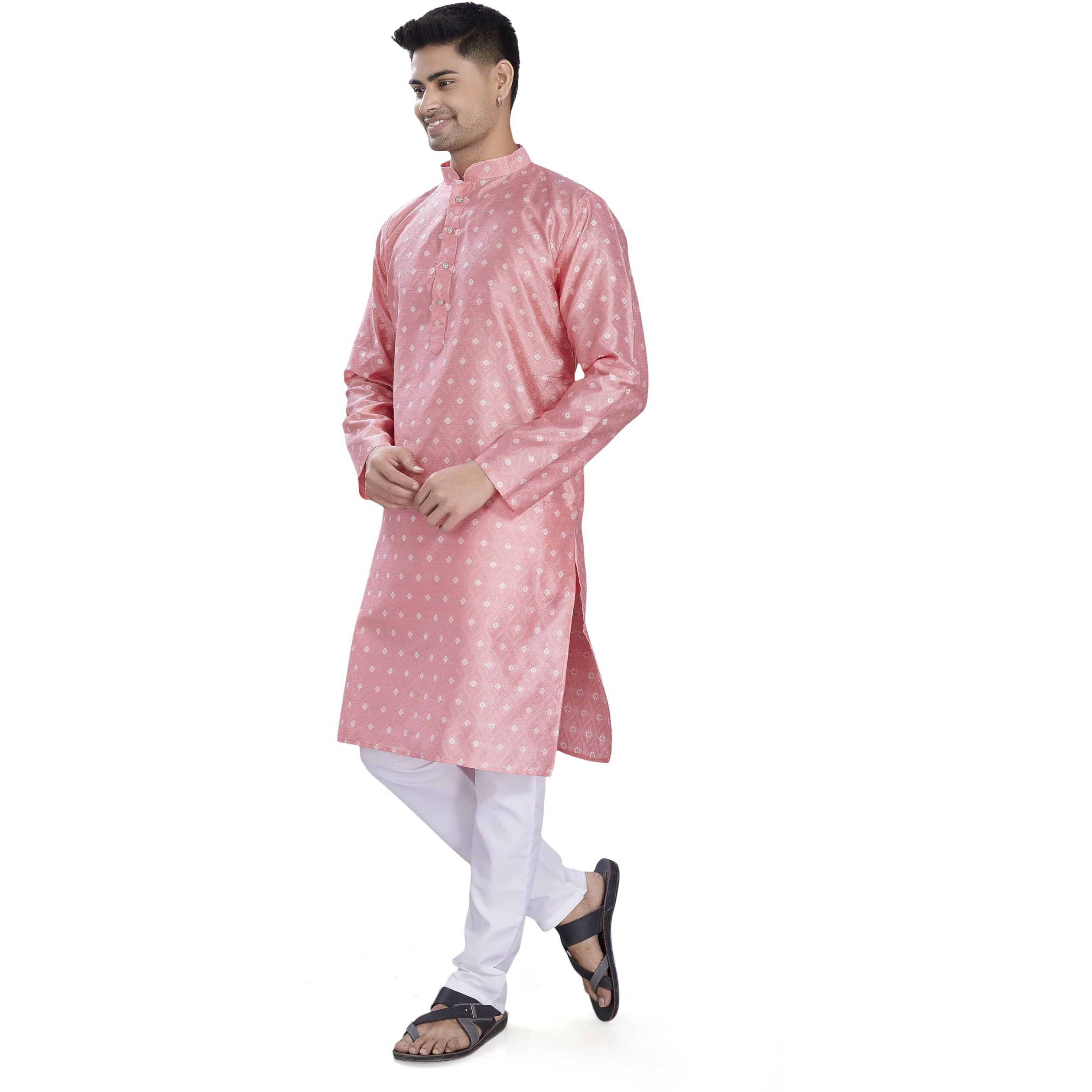 Divisive Men's Self Woven Jequard Art Silk Slim Fit Only Kurta (Dkrt1306_S_Pink)