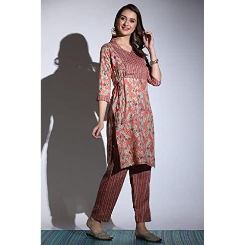 Greciilooks Womens Cotton Casual Regular Fit Kurta Pant Set (Pink, Medium)